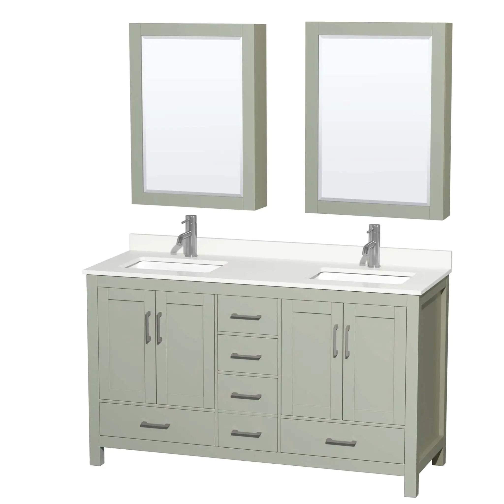 60" Sheffield 60 inch Double Bathroom Vanity in Light Green with Brushed Nickel Trim & Medicine Cabinet by Wyndham