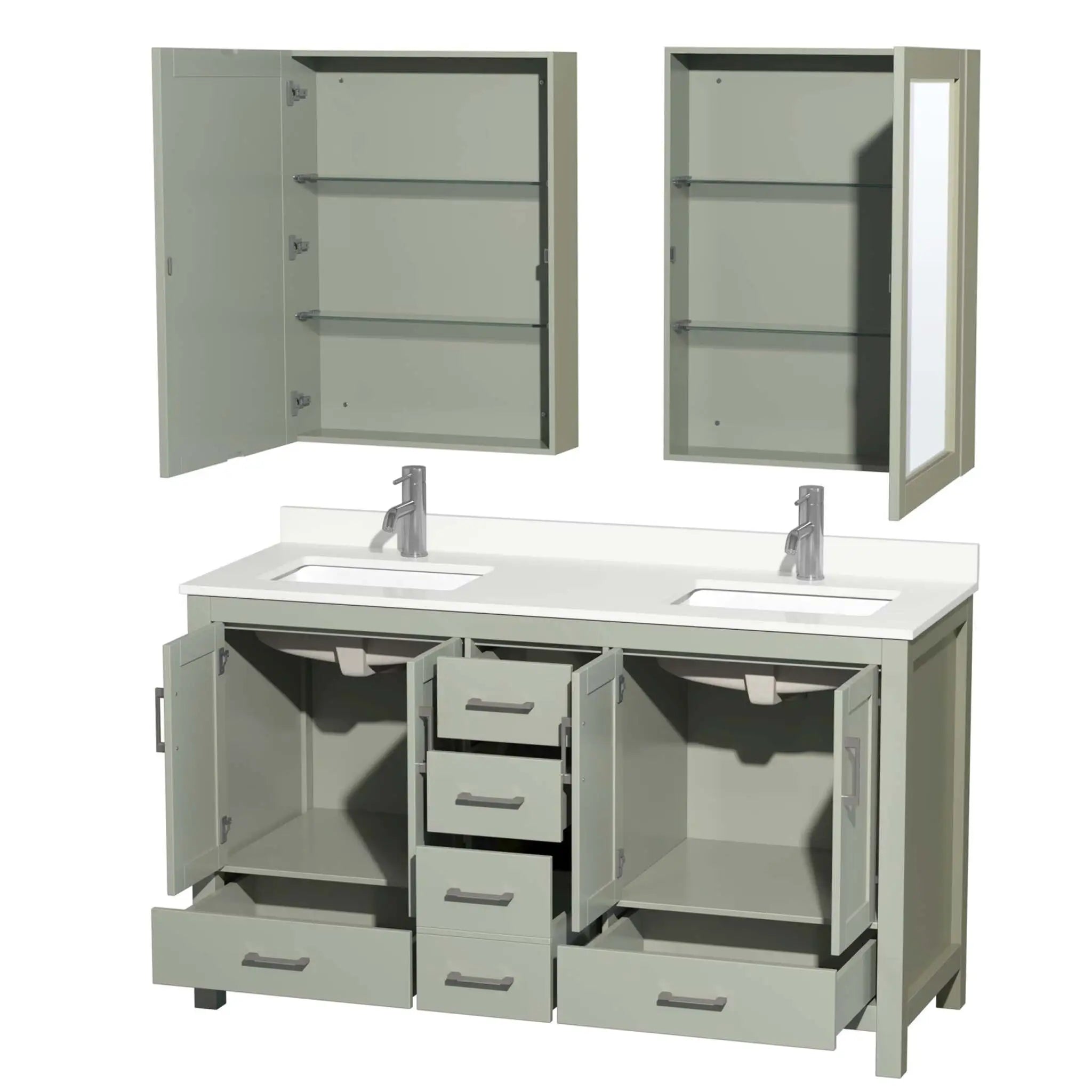 60" Sheffield 60 inch Double Bathroom Vanity in Light Green with Brushed Nickel Trim & Medicine Cabinet by Wyndham