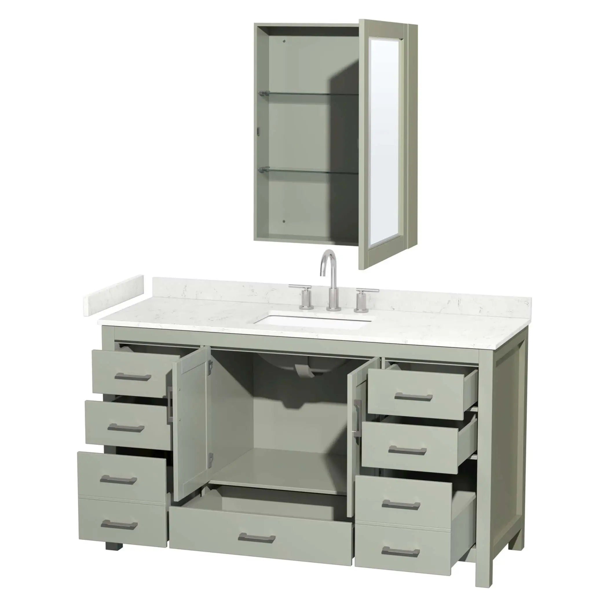 60" Sheffield 60 inch Single Bathroom Vanity in Light Green with Brushed Nickel Trim & Medicine Cabinet by Wyndham