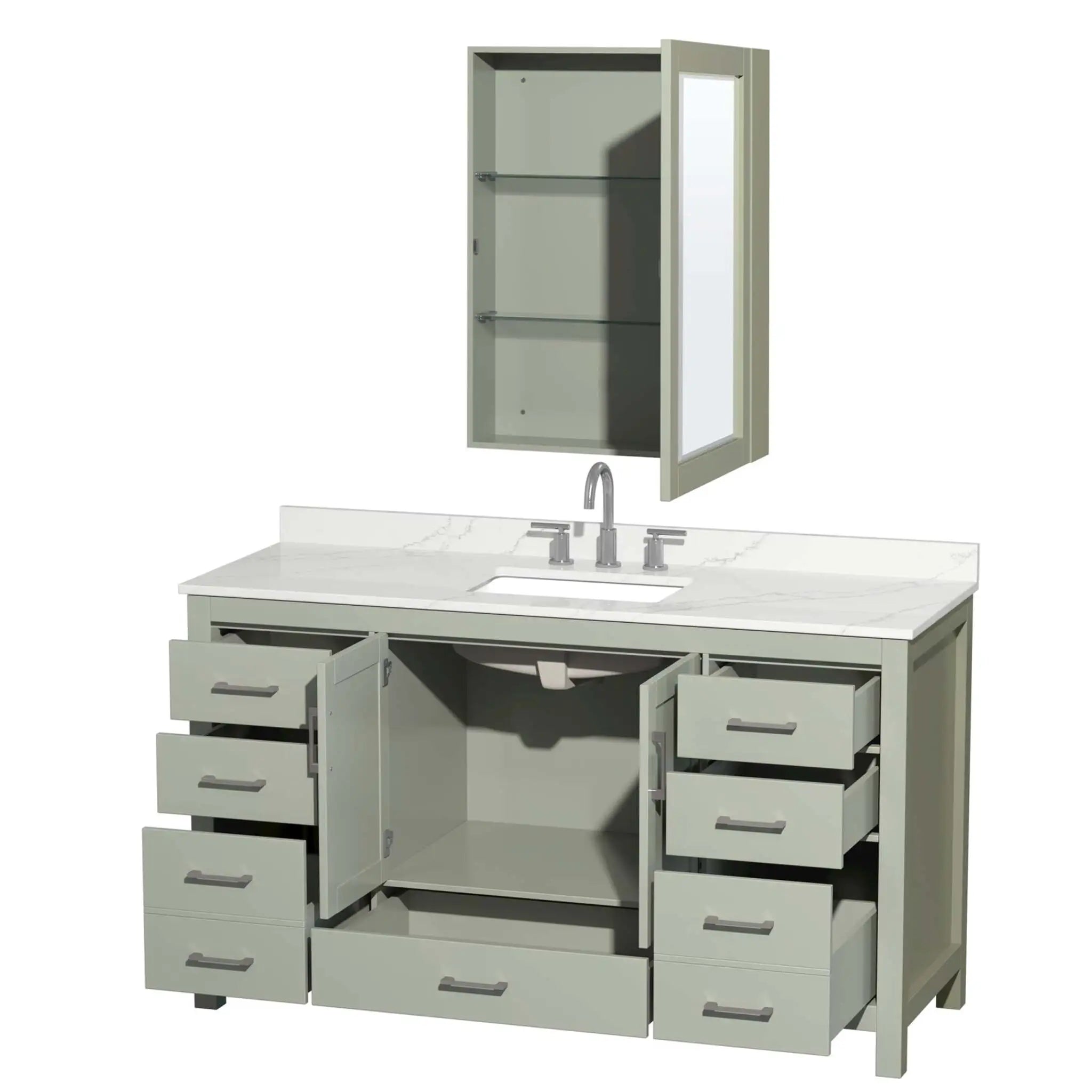 60" Sheffield 60 inch Single Bathroom Vanity in Light Green with Brushed Nickel Trim & Medicine Cabinet by Wyndham