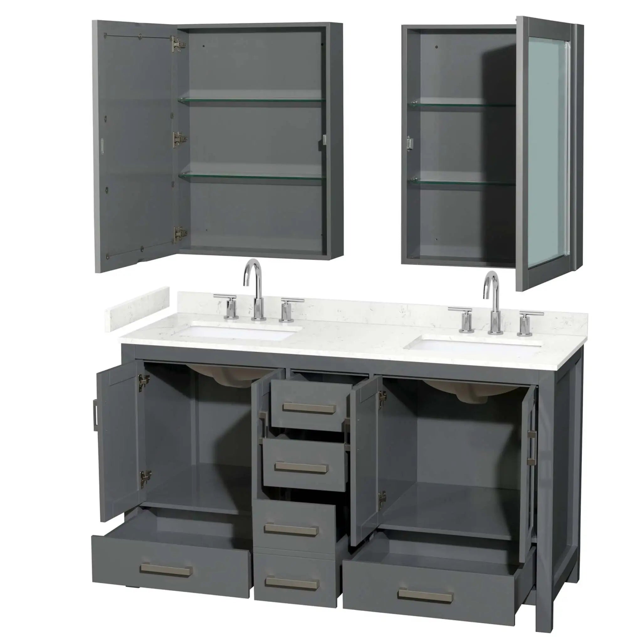 60" Sheffield Double Bathroom Vanity in Dark Gray with Brushed Chrome Trim & Medicine Cabinet by Wyndham