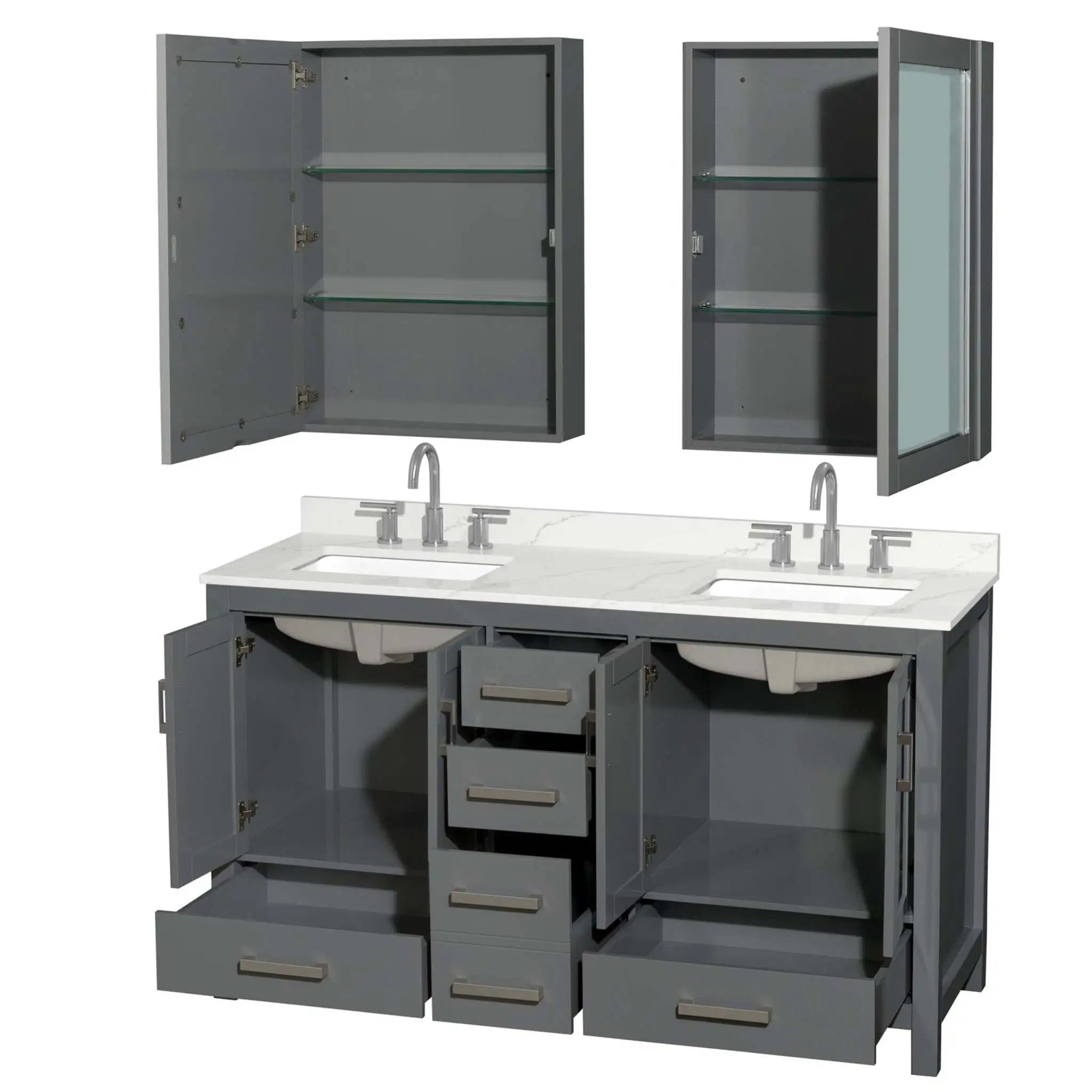 60" Sheffield Double Bathroom Vanity in Dark Gray with Brushed Chrome Trim & Medicine Cabinet by Wyndham