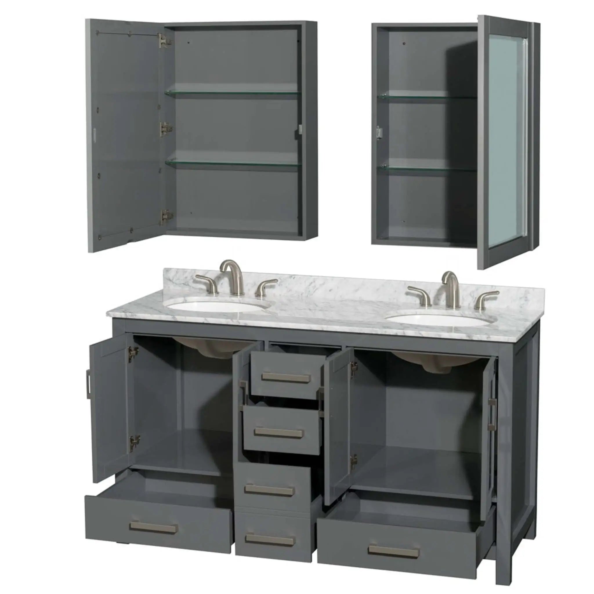 60" Sheffield Double Bathroom Vanity in Dark Gray with Brushed Chrome Trim & Medicine Cabinet by Wyndham