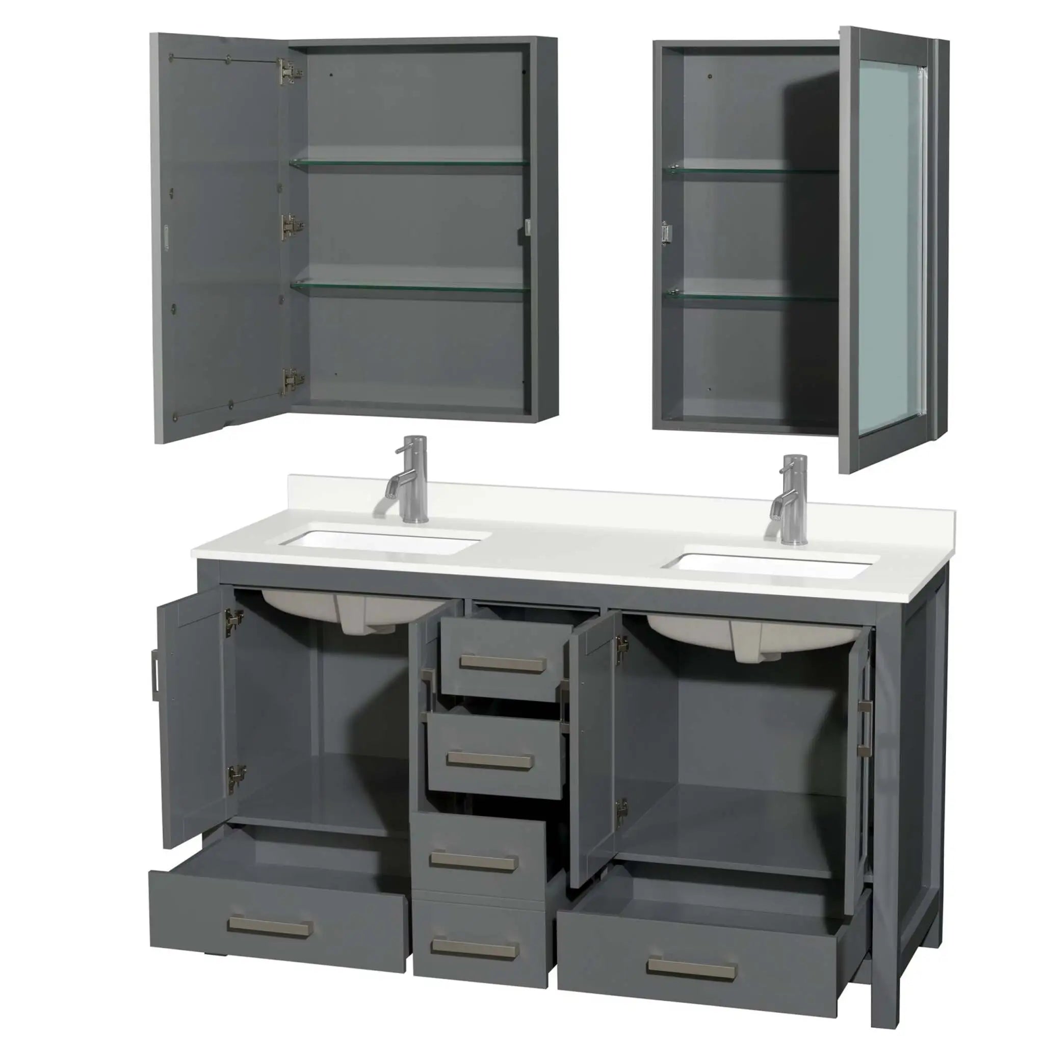 60" Sheffield Double Bathroom Vanity in Dark Gray with Brushed Chrome Trim & Medicine Cabinet by Wyndham