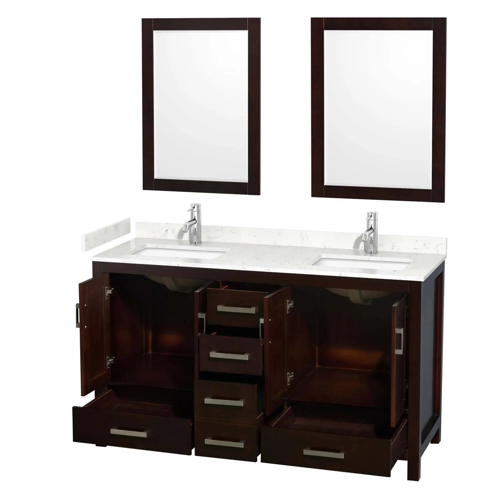 60" Sheffield Double Bathroom Vanity in Espresso with Brushed Chrome Trim & 24" Mirror by Wyndham