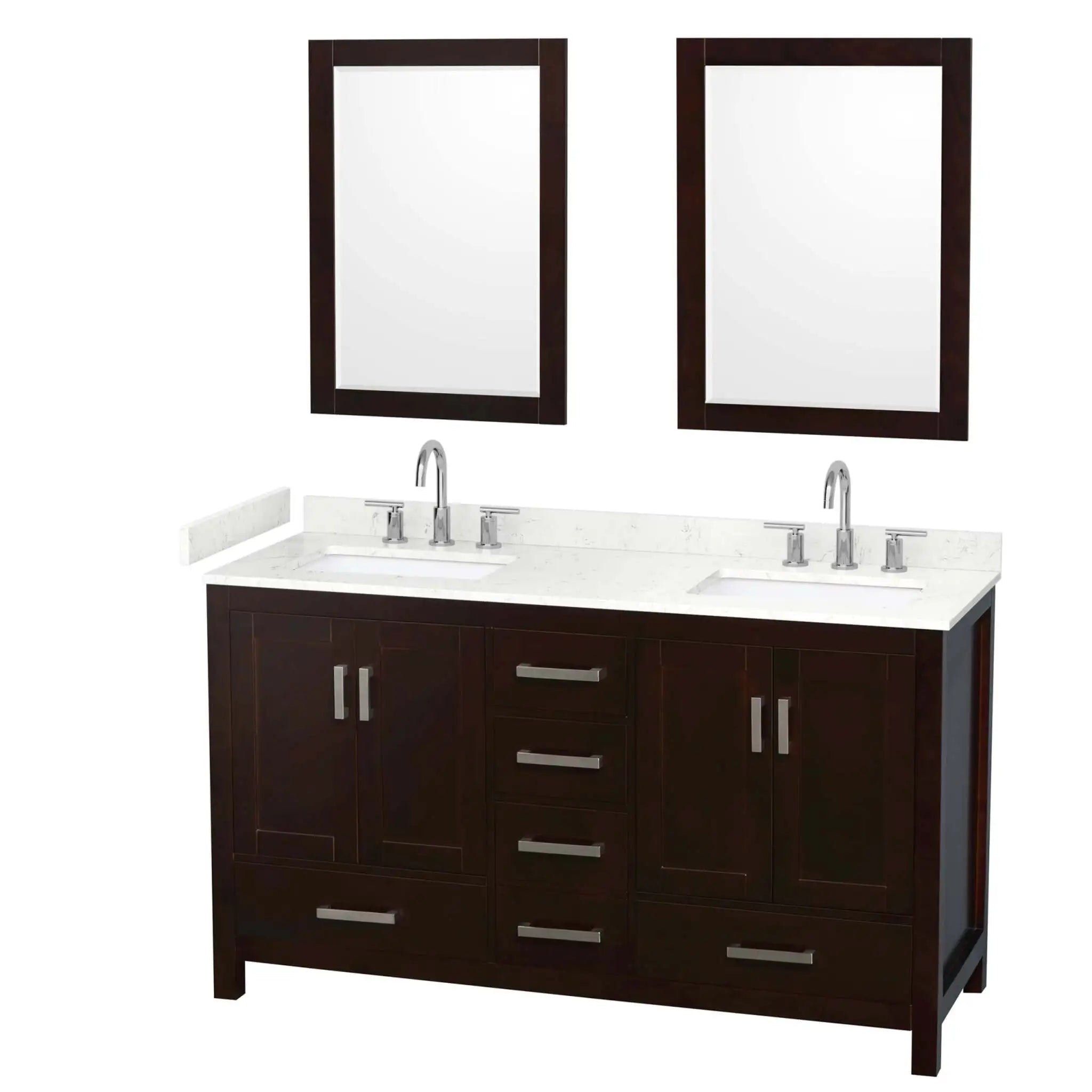 60" Sheffield Double Bathroom Vanity in Espresso with Brushed Chrome Trim & 24" Mirror by Wyndham