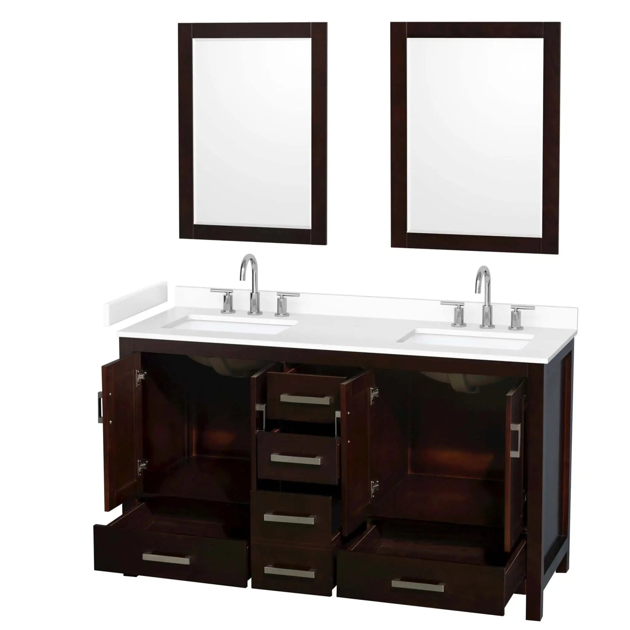 60" Sheffield Double Bathroom Vanity in Espresso with Brushed Chrome Trim & 24" Mirror by Wyndham