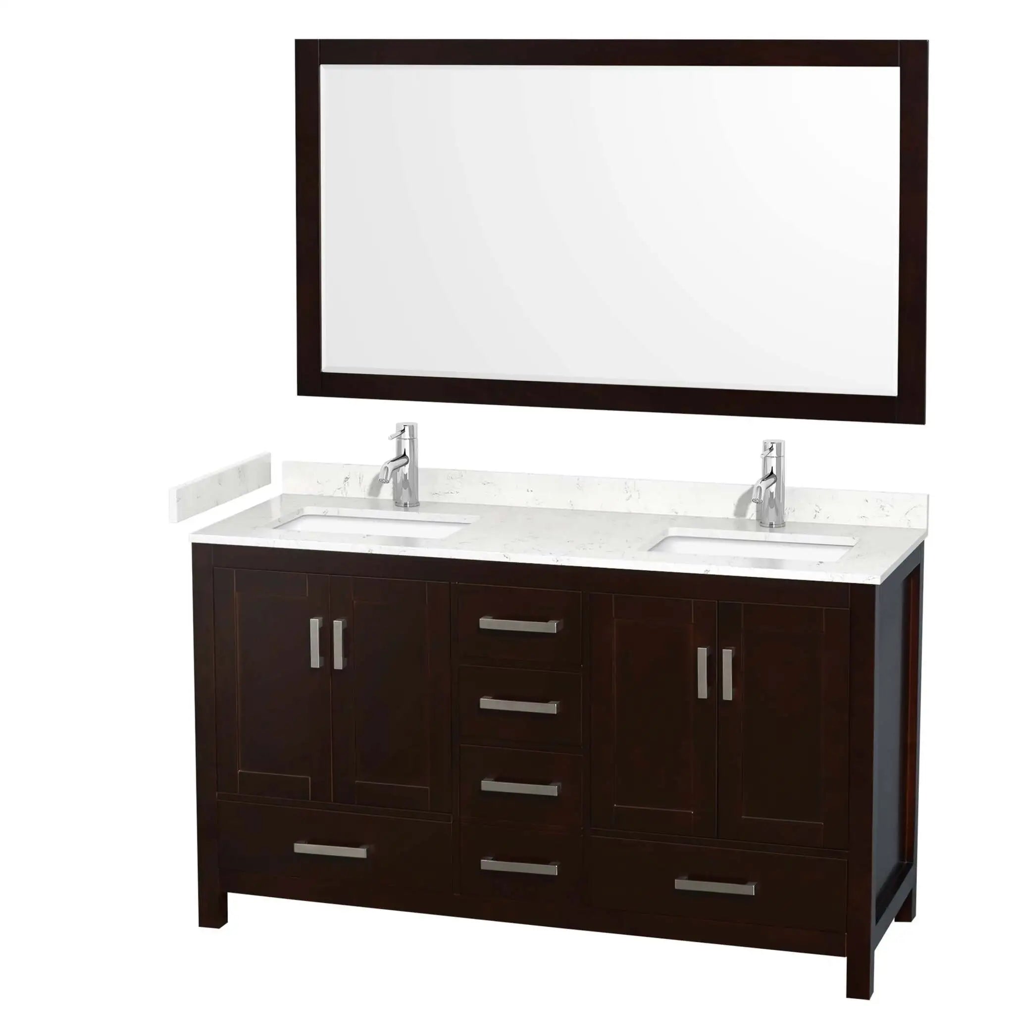 60" Sheffield Double Bathroom Vanity in Espresso with Brushed Chrome Trim & 58" Mirror by Wyndham