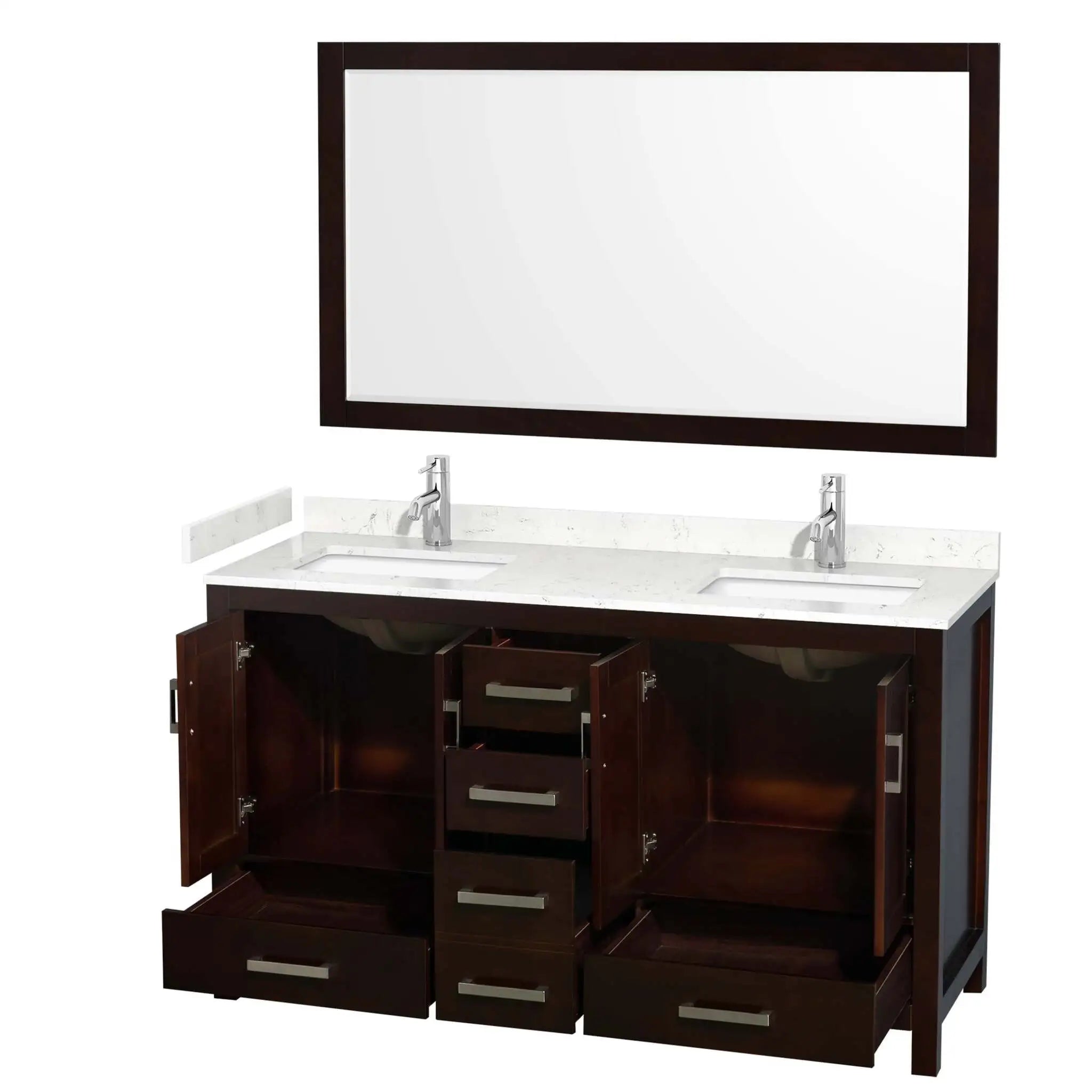 60" Sheffield Double Bathroom Vanity in Espresso with Brushed Chrome Trim & 58" Mirror by Wyndham
