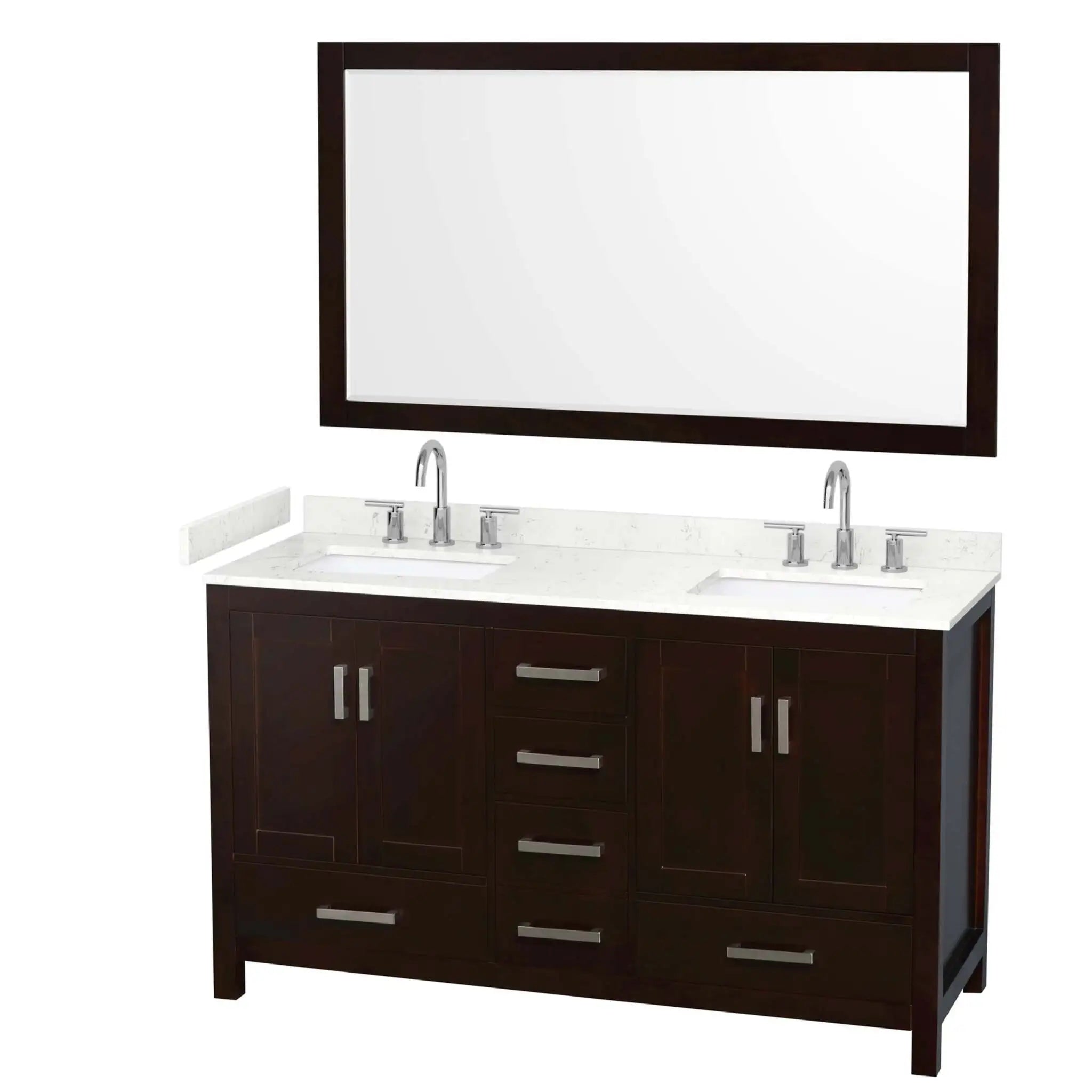 60" Sheffield Double Bathroom Vanity in Espresso with Brushed Chrome Trim & 58" Mirror by Wyndham
