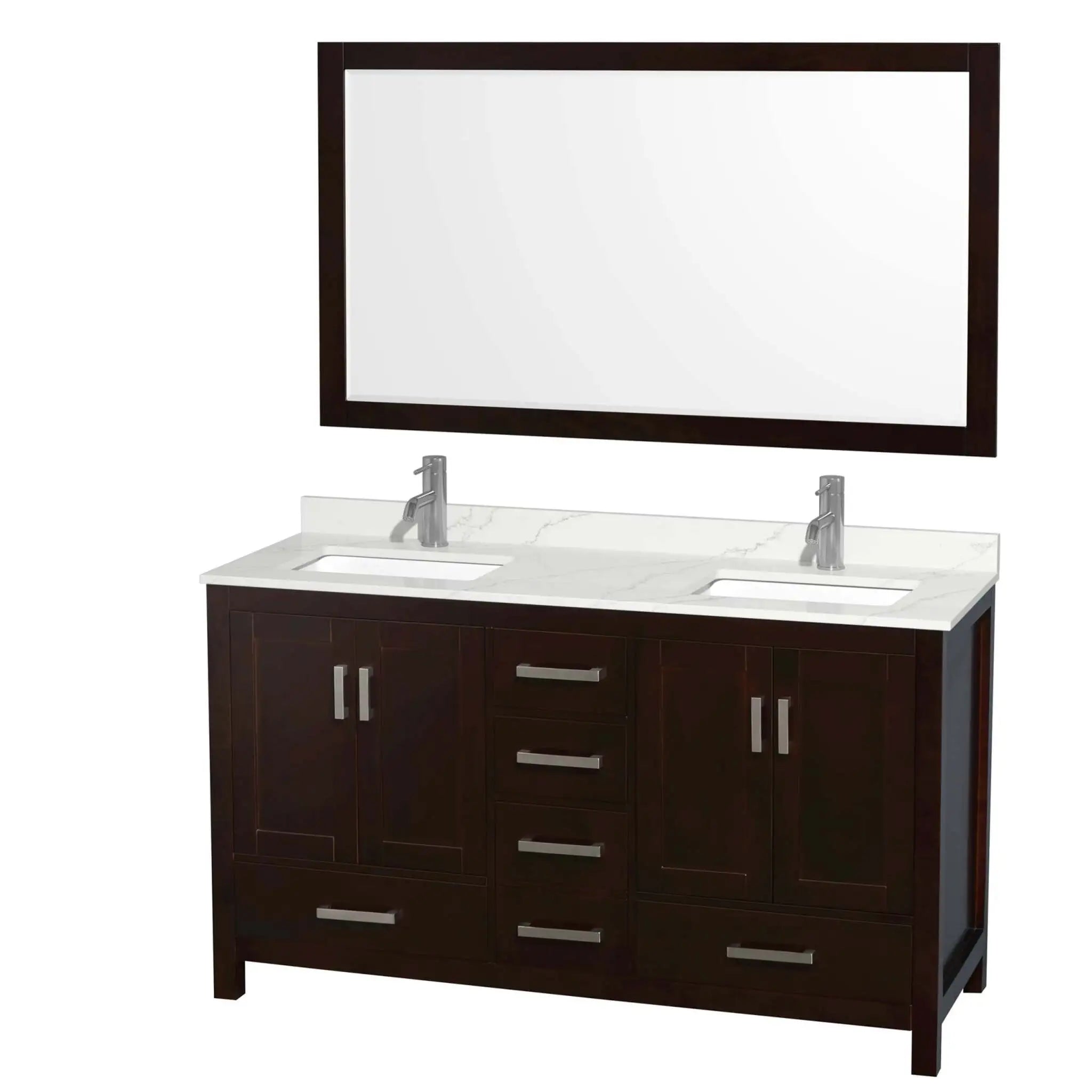 60" Sheffield Double Bathroom Vanity in Espresso with Brushed Chrome Trim & 58" Mirror by Wyndham