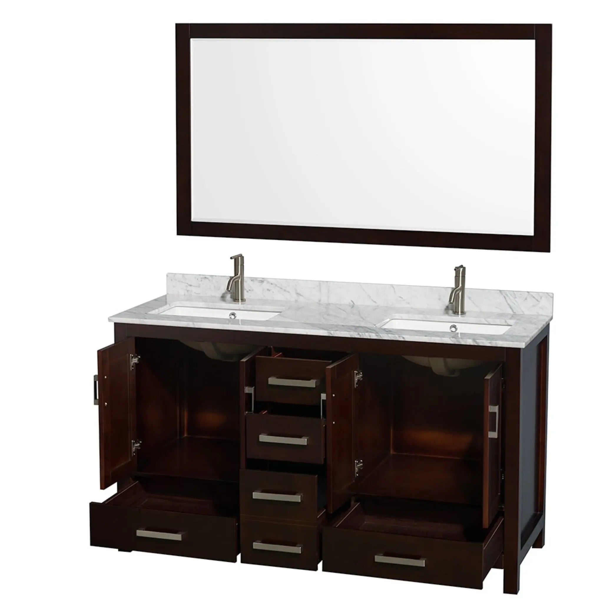 60" Sheffield Double Bathroom Vanity in Espresso with Brushed Chrome Trim & 58" Mirror by Wyndham