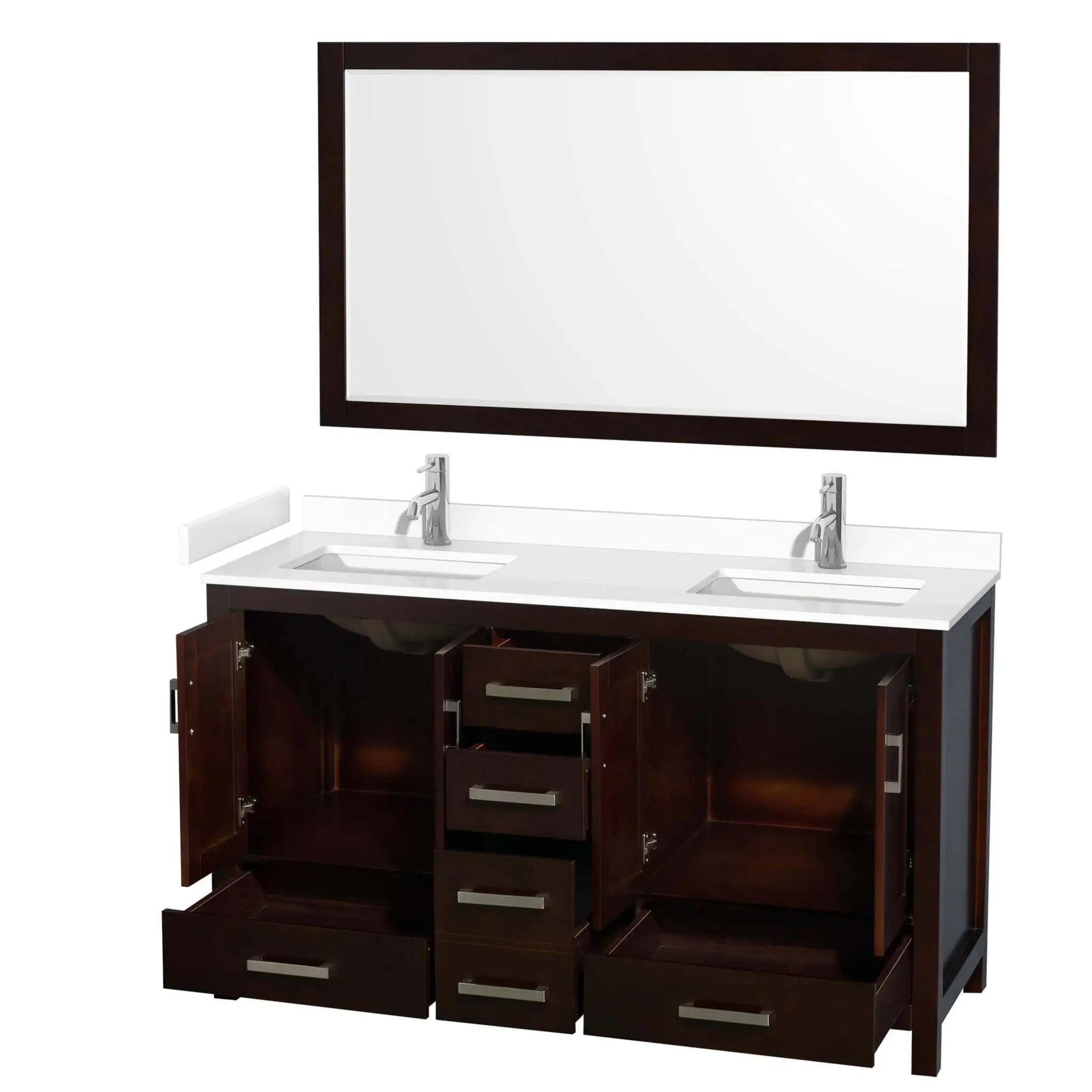 60" Sheffield Double Bathroom Vanity in Espresso with Brushed Chrome Trim & 58" Mirror by Wyndham