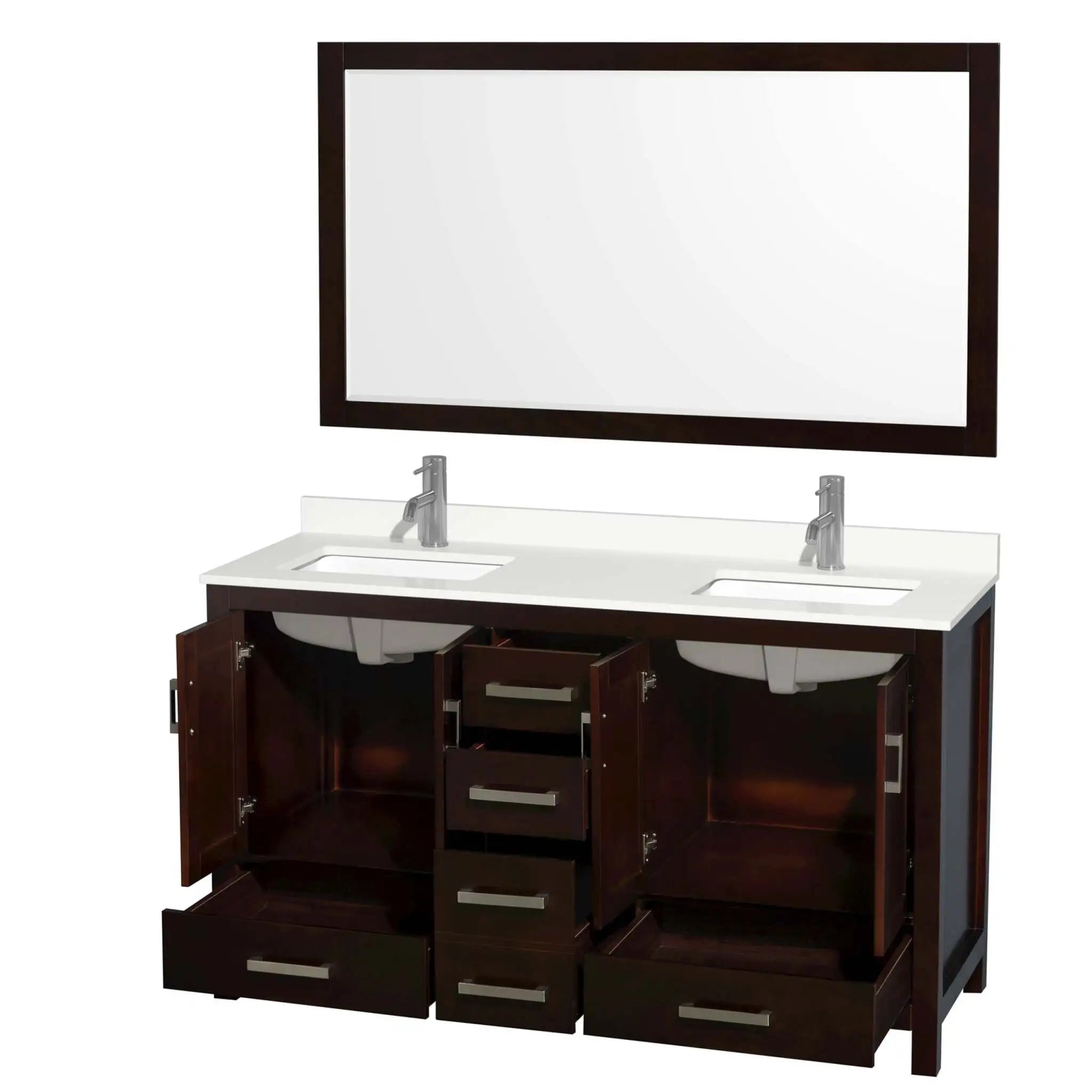 60" Sheffield Double Bathroom Vanity in Espresso with Brushed Chrome Trim & 58" Mirror by Wyndham