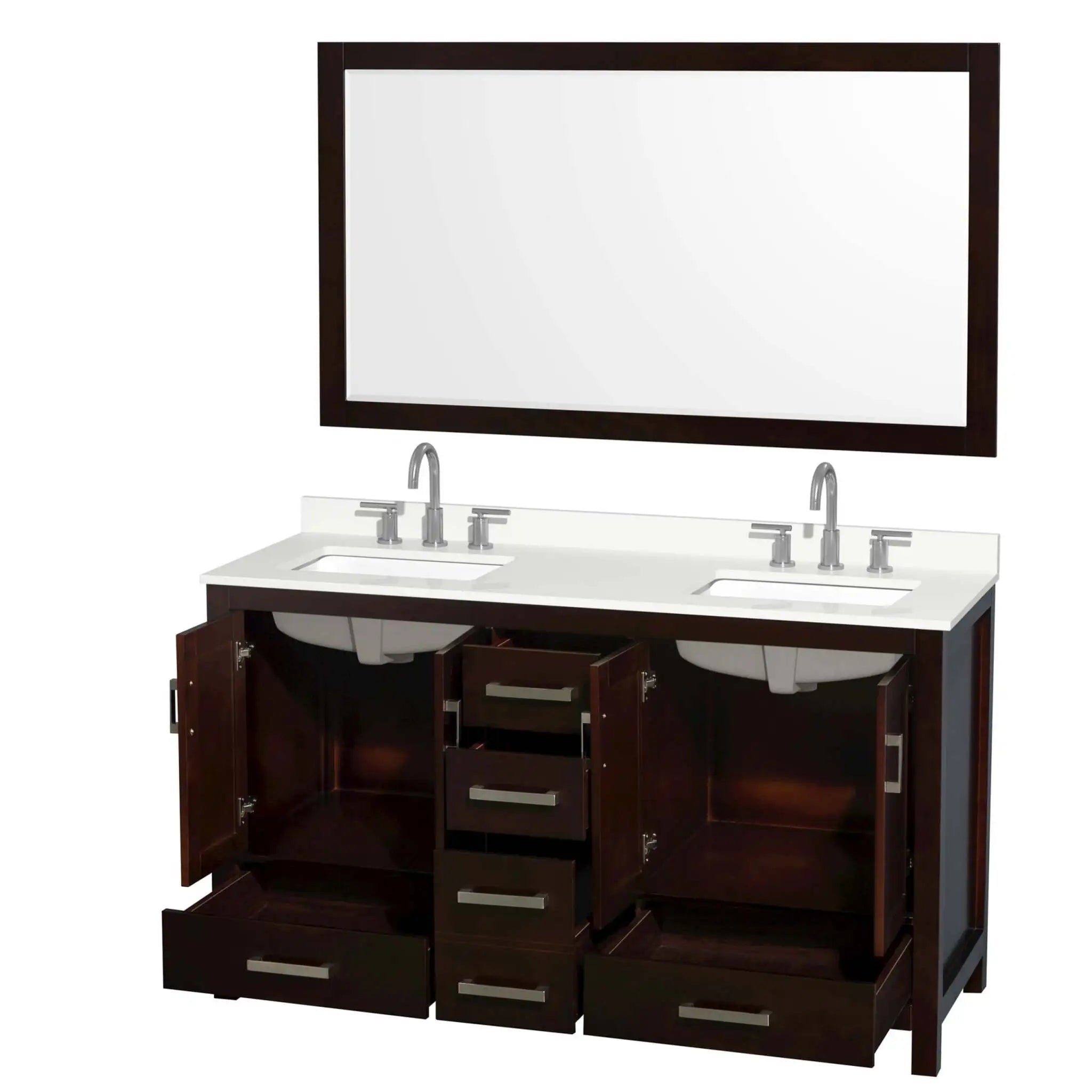 60" Sheffield Double Bathroom Vanity in Espresso with Brushed Chrome Trim & 58" Mirror by Wyndham