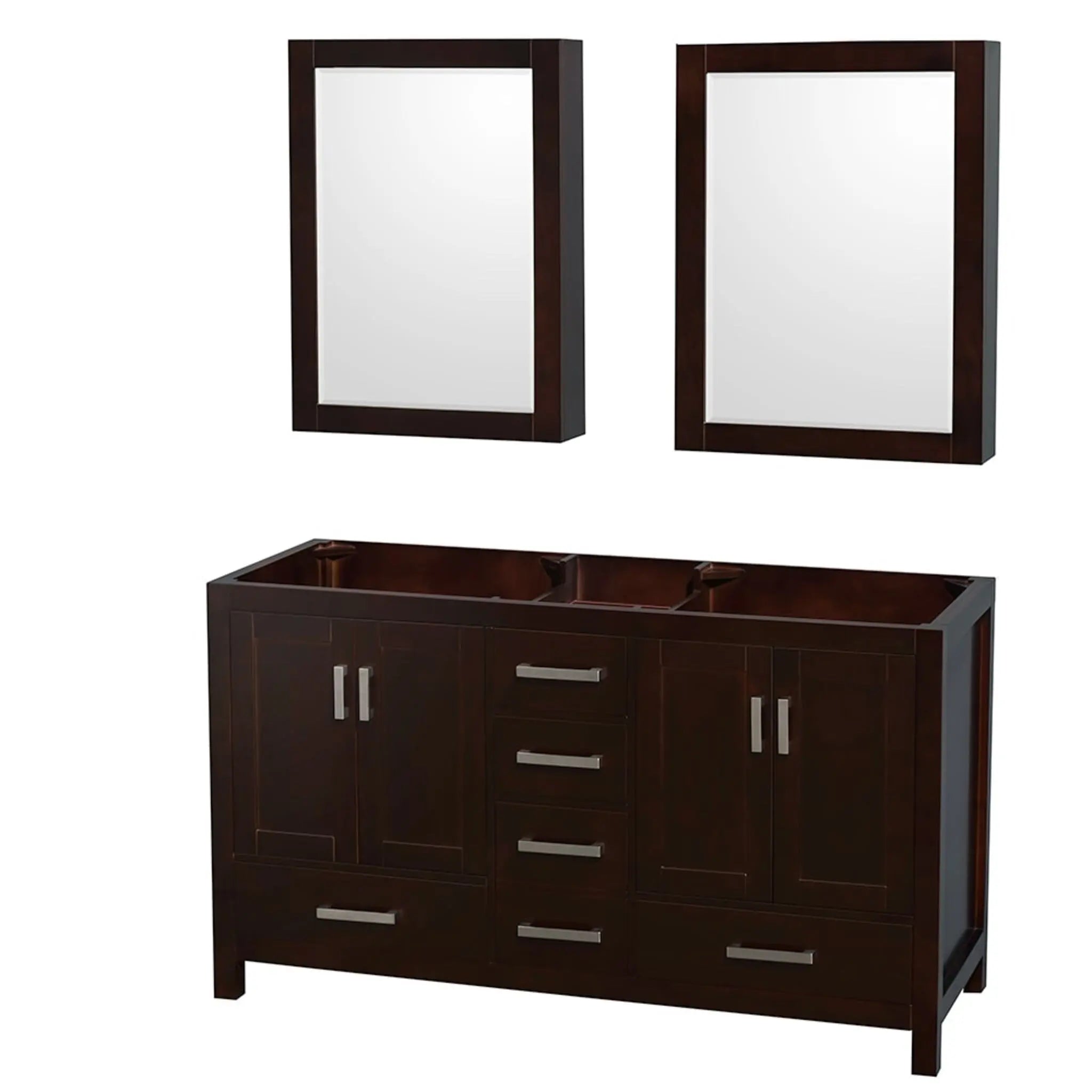 60" Sheffield Double Bathroom Vanity in Espresso with Brushed Chrome Trim & Medicine Cabinet by Wyndham