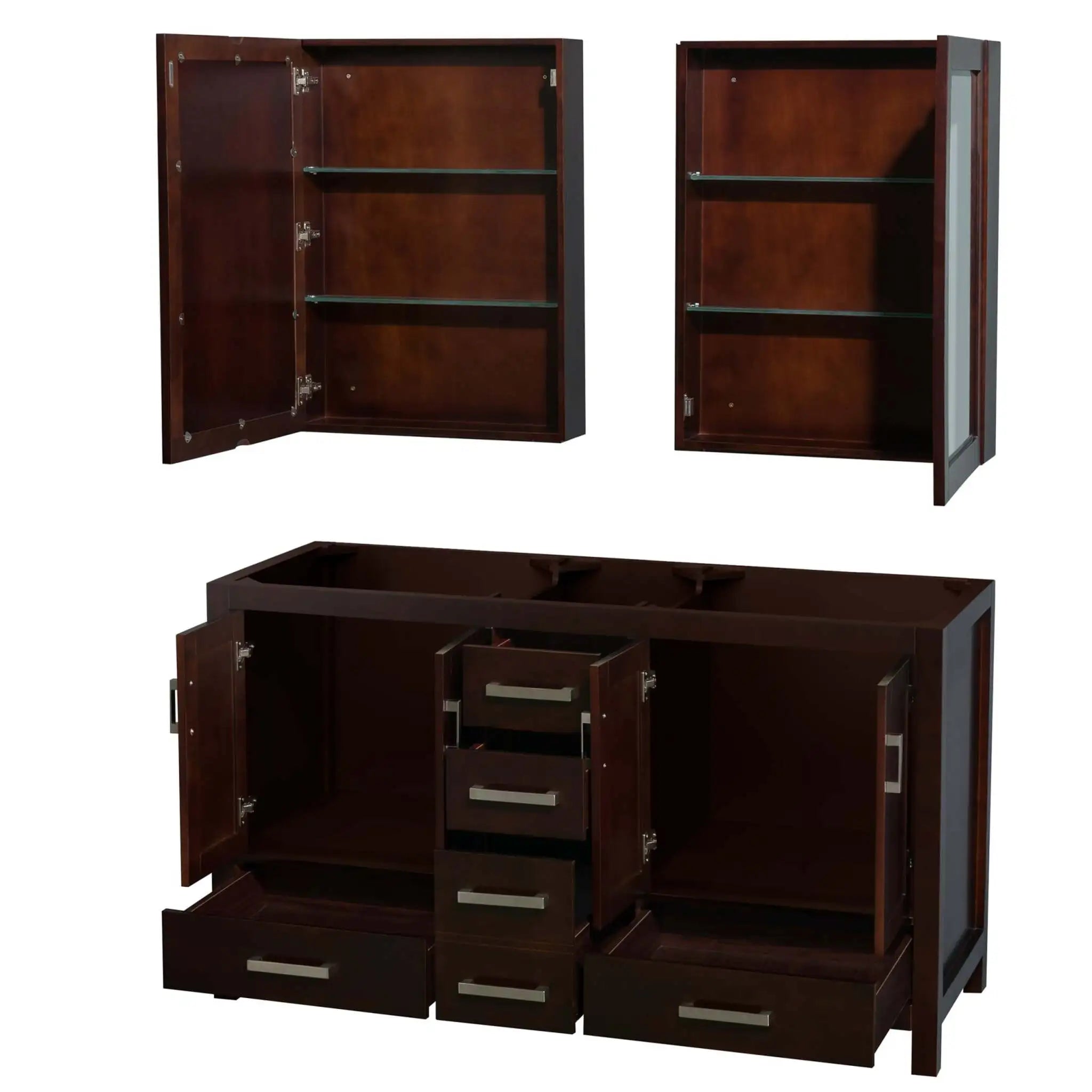 60" Sheffield Double Bathroom Vanity in Espresso with Brushed Chrome Trim & Medicine Cabinet by Wyndham