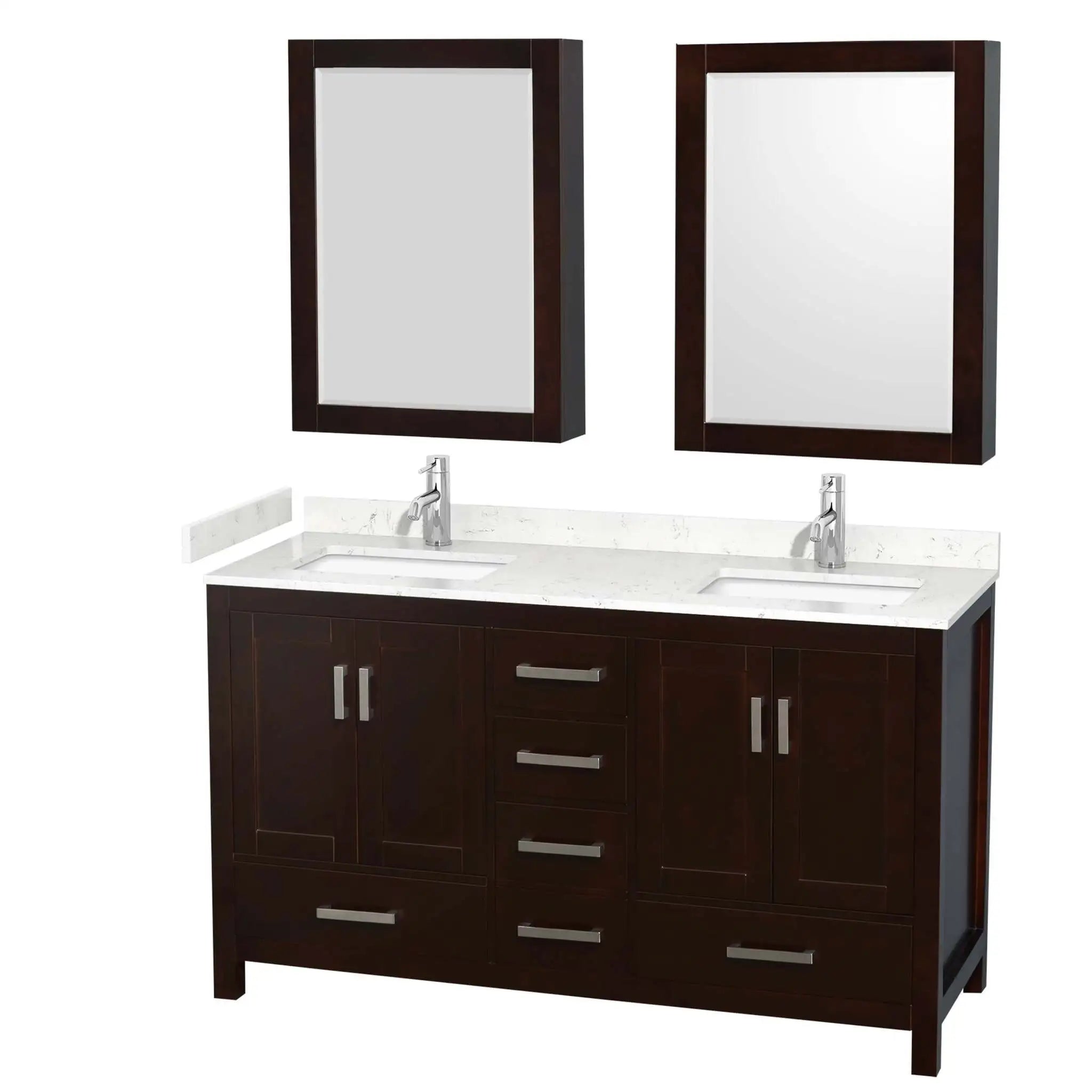 60" Sheffield Double Bathroom Vanity in Espresso with Brushed Chrome Trim & Medicine Cabinet by Wyndham