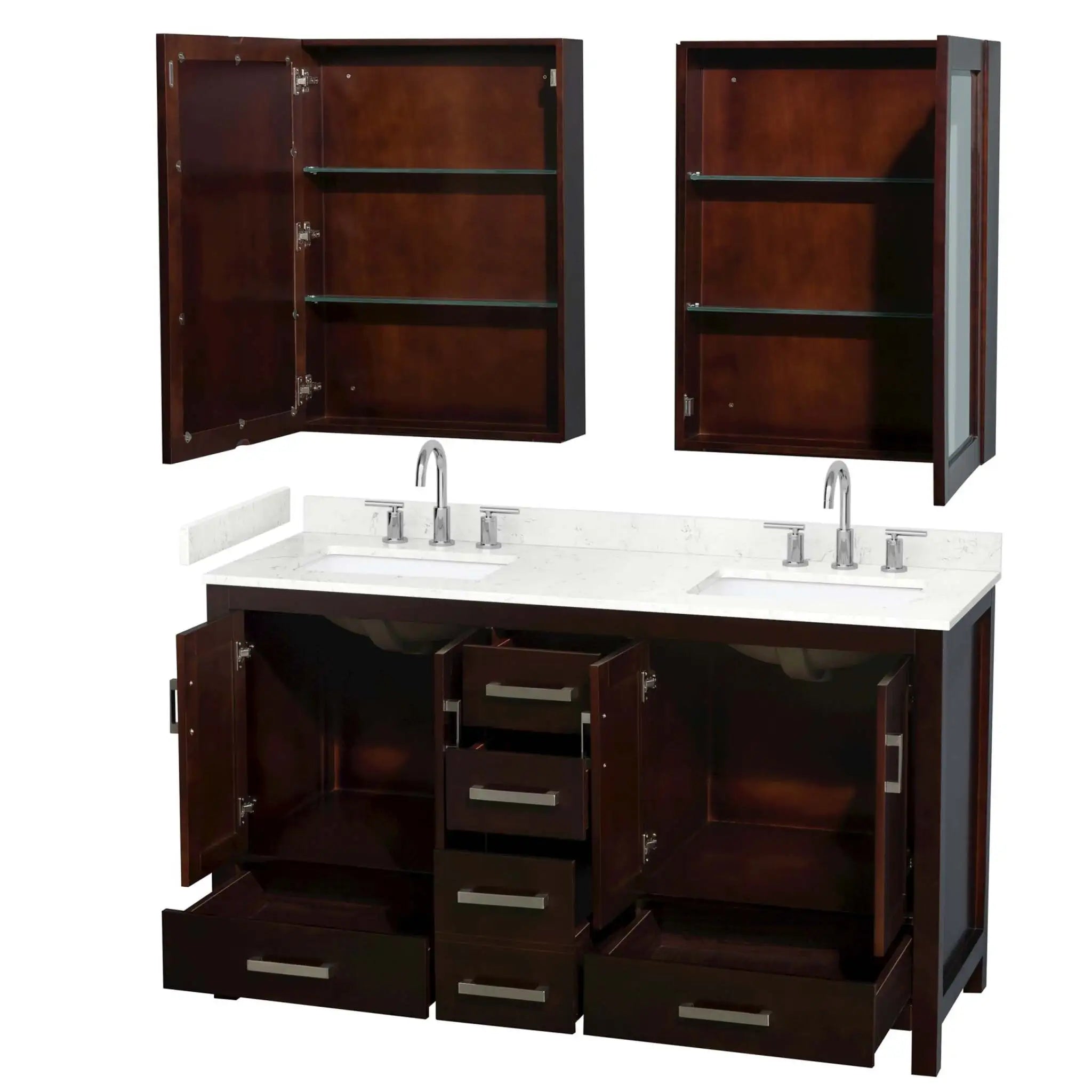 60" Sheffield Double Bathroom Vanity in Espresso with Brushed Chrome Trim & Medicine Cabinet by Wyndham