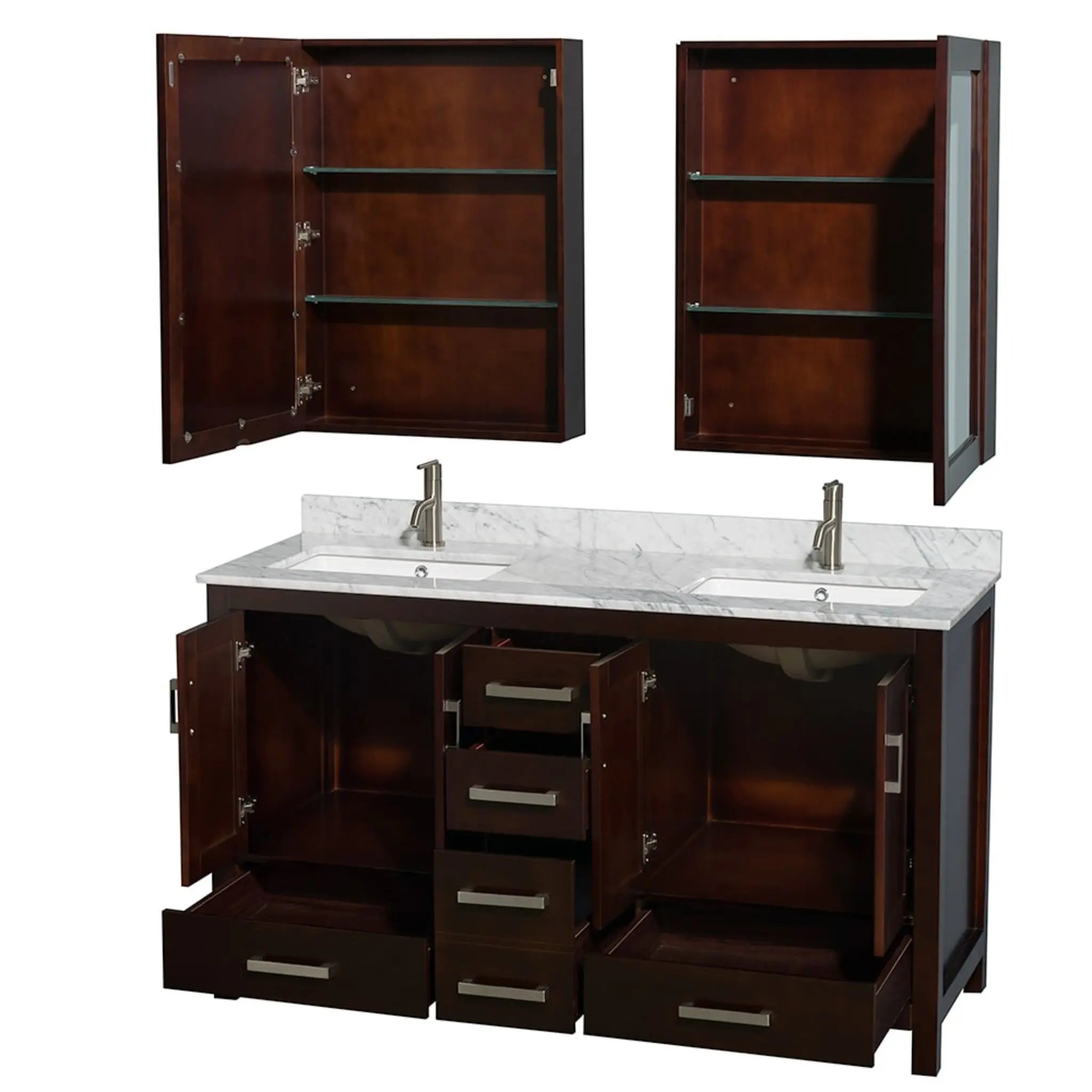 60" Sheffield Double Bathroom Vanity in Espresso with Brushed Chrome Trim & Medicine Cabinet by Wyndham