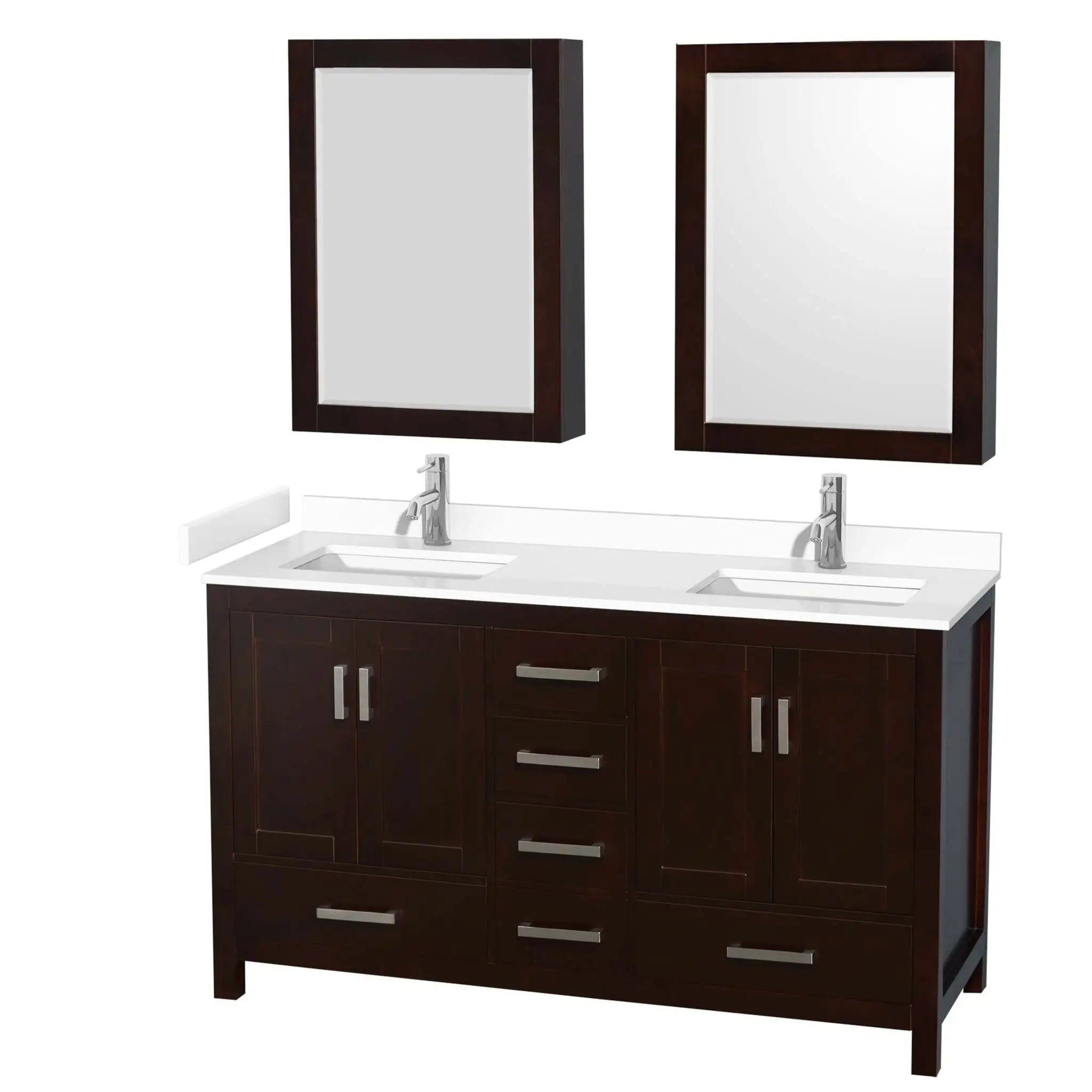 60" Sheffield Double Bathroom Vanity in Espresso with Brushed Chrome Trim & Medicine Cabinet by Wyndham