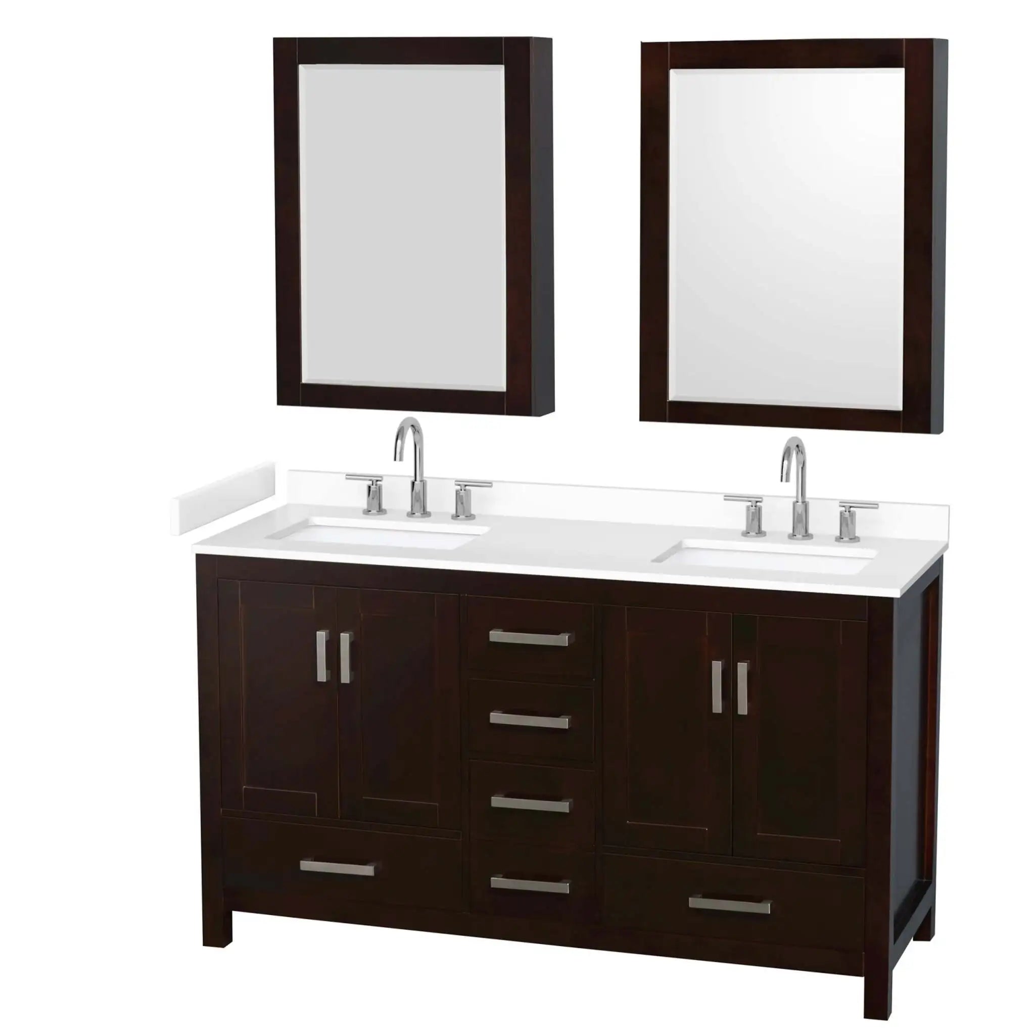 60" Sheffield Double Bathroom Vanity in Espresso with Brushed Chrome Trim & Medicine Cabinet by Wyndham