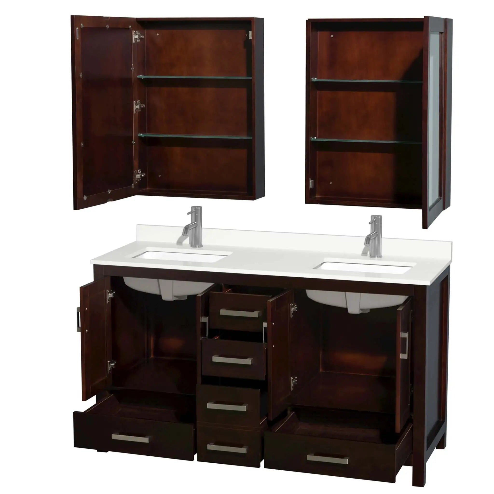 60" Sheffield Double Bathroom Vanity in Espresso with Brushed Chrome Trim & Medicine Cabinet by Wyndham