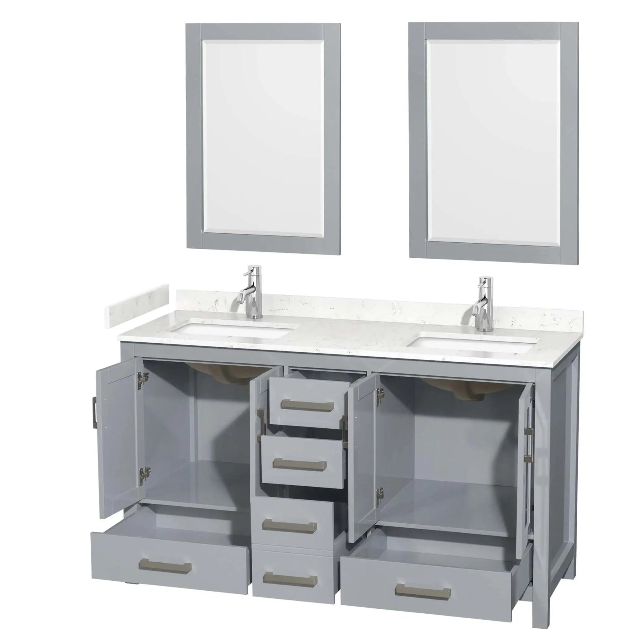 60" Sheffield Double Bathroom Vanity in Gray with Brushed Chrome Trim & 24" Mirror by Wyndham