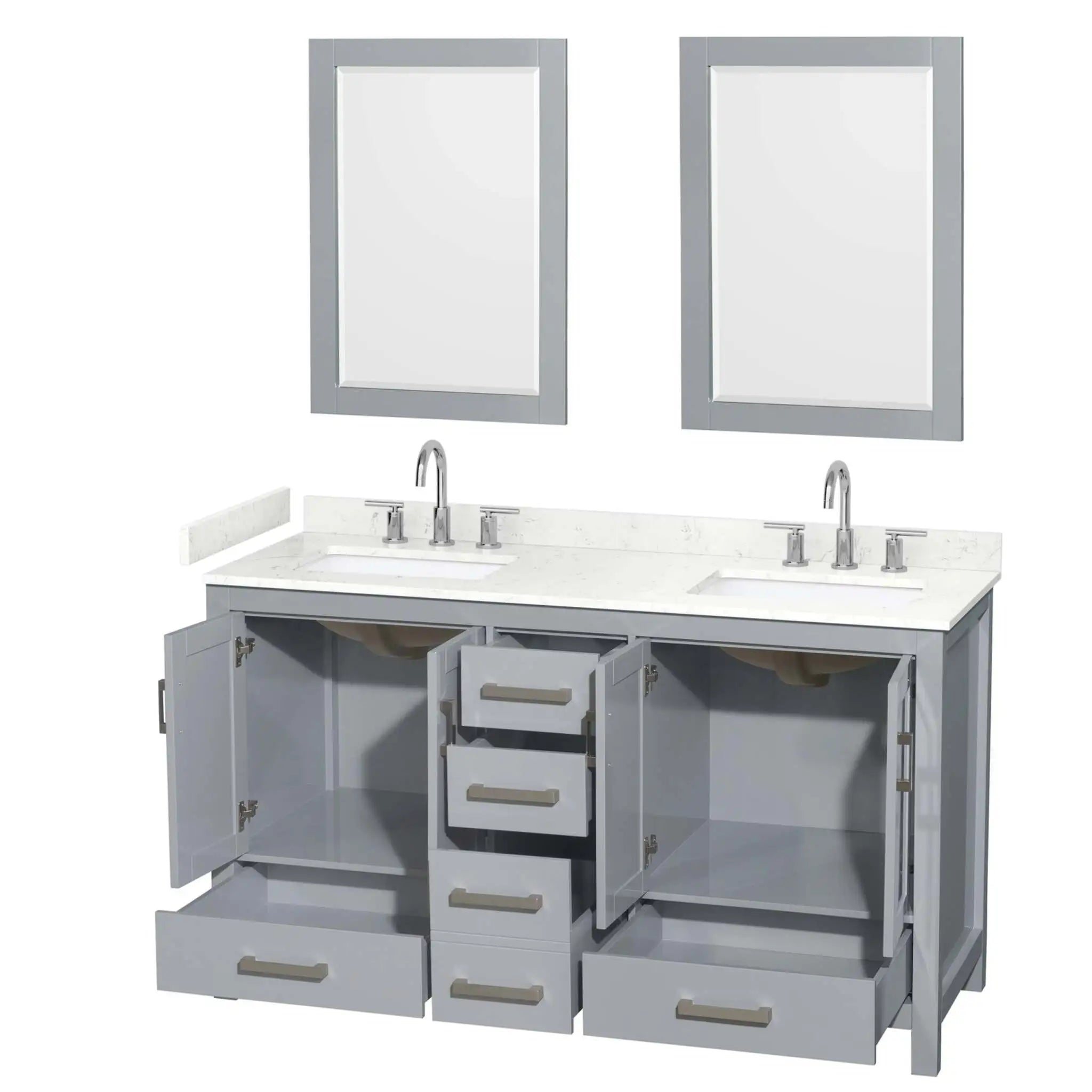 60" Sheffield Double Bathroom Vanity in Gray with Brushed Chrome Trim & 24" Mirror by Wyndham