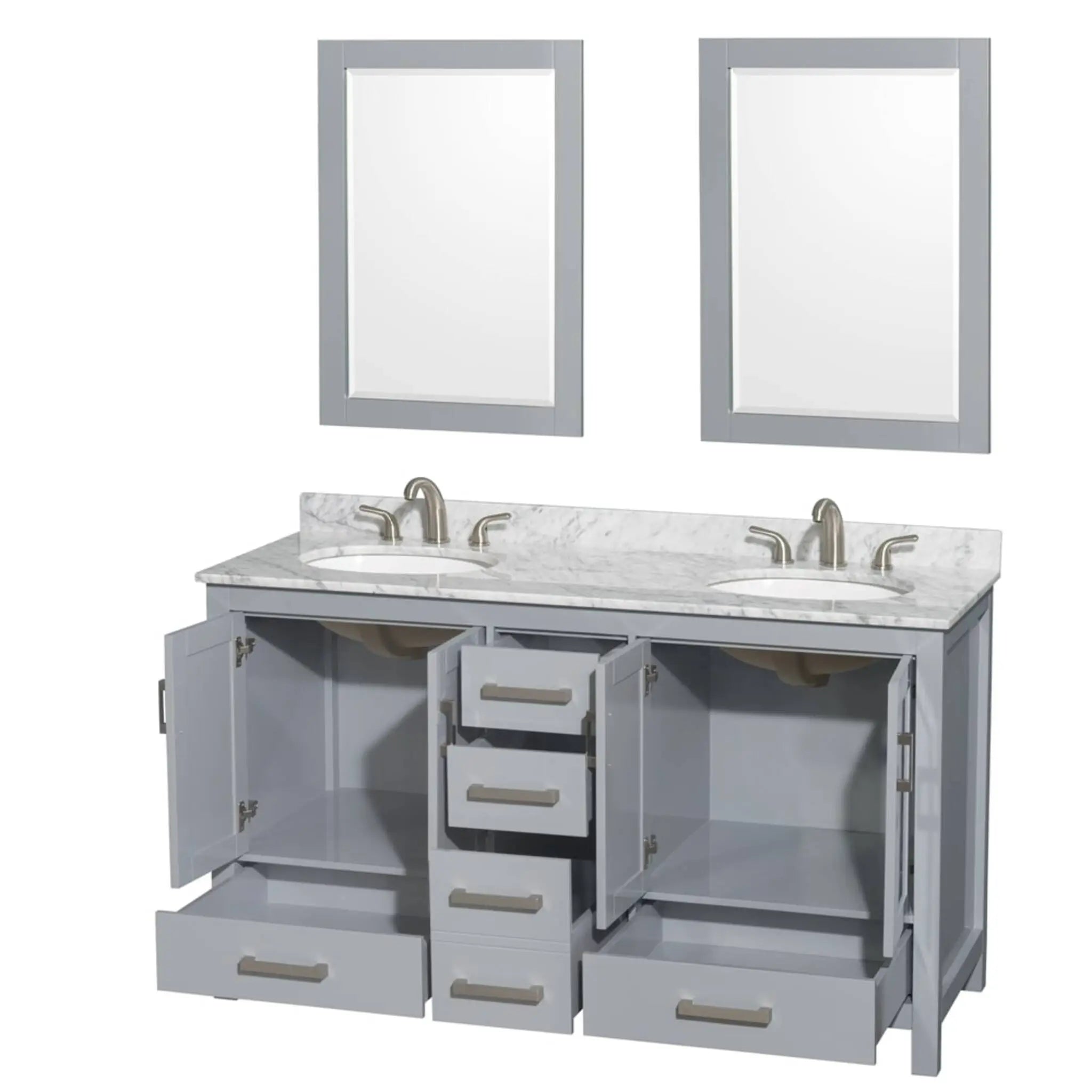 60" Sheffield Double Bathroom Vanity in Gray with Brushed Chrome Trim & 24" Mirror by Wyndham