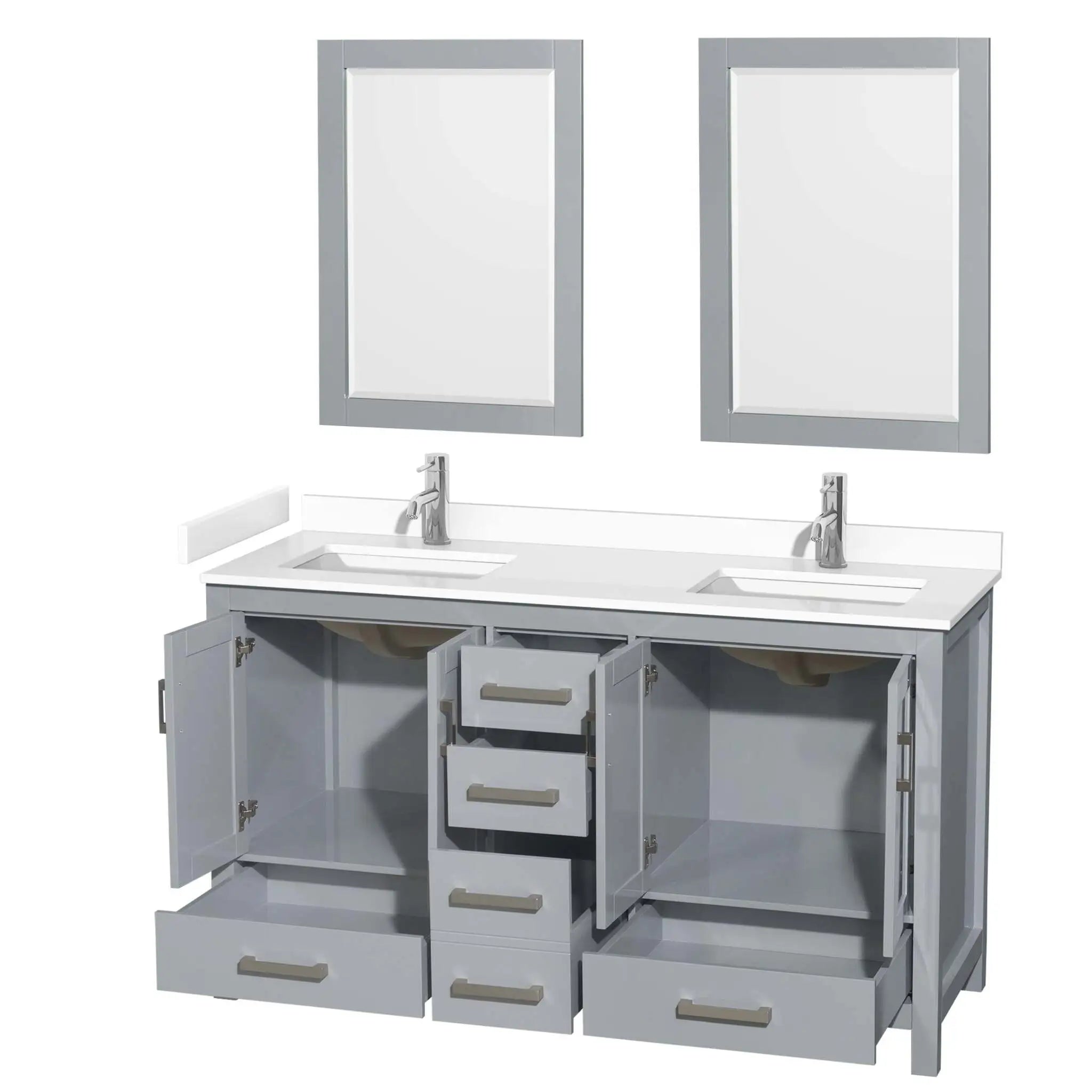 60" Sheffield Double Bathroom Vanity in Gray with Brushed Chrome Trim & 24" Mirror by Wyndham