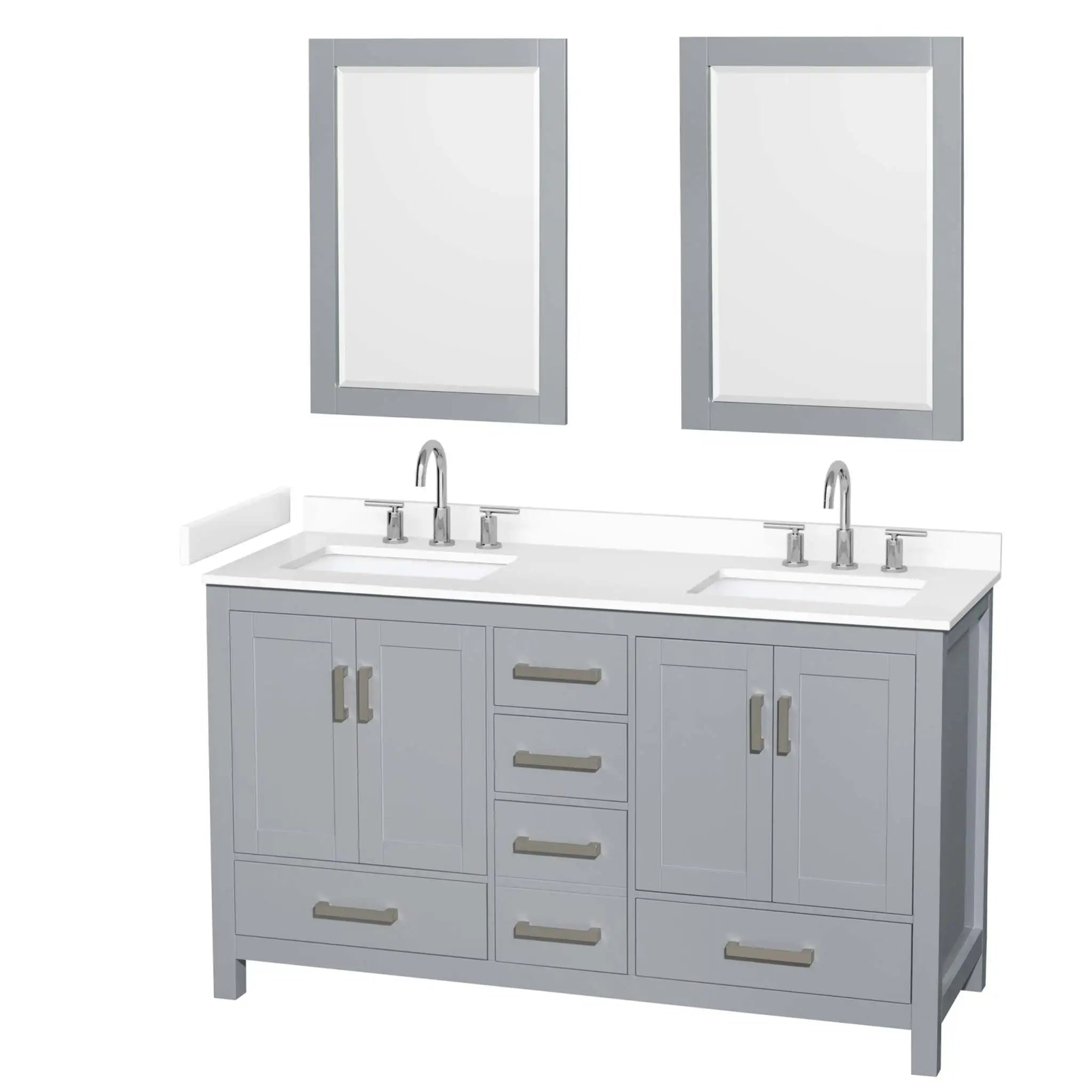 60" Sheffield Double Bathroom Vanity in Gray with Brushed Chrome Trim & 24" Mirror by Wyndham