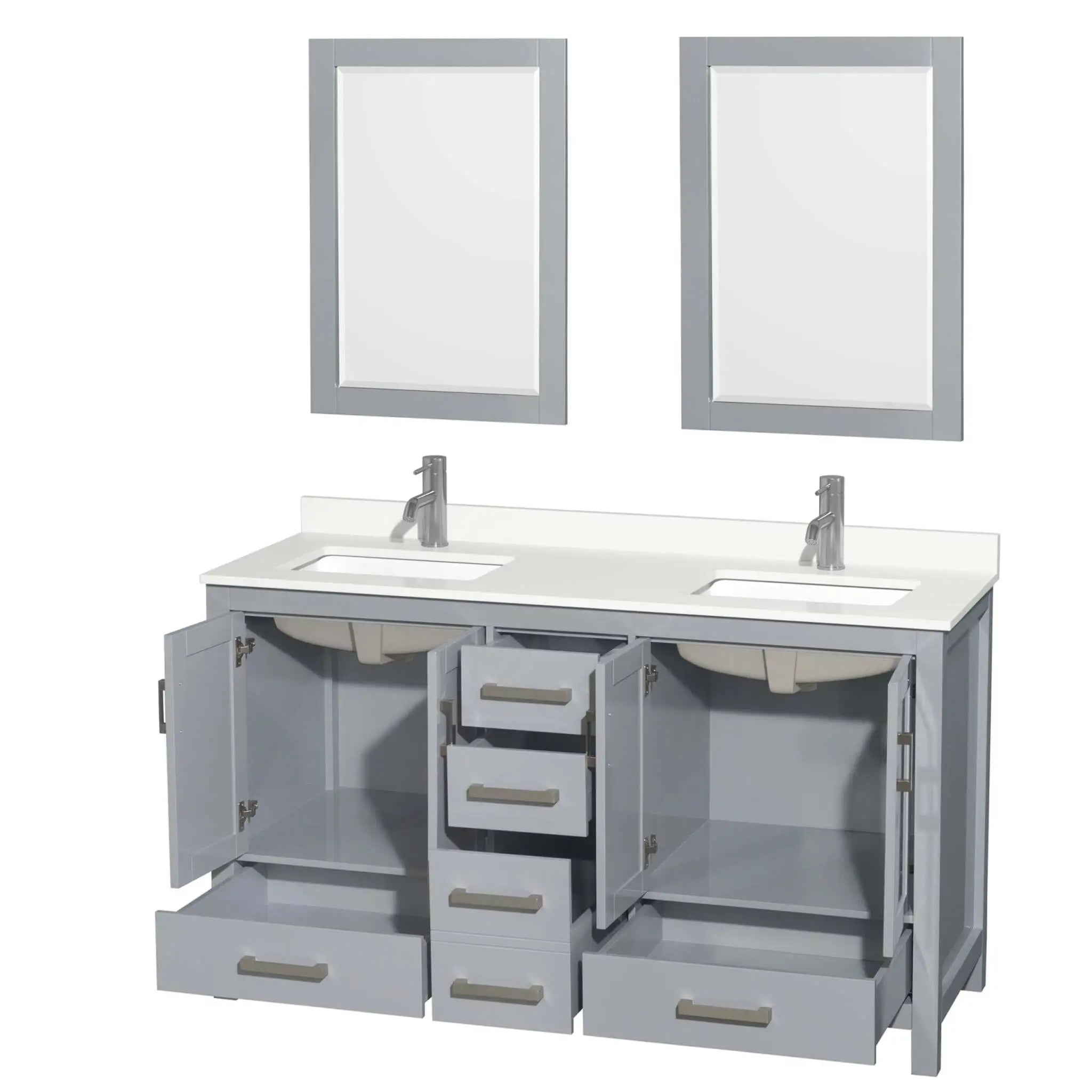 60" Sheffield Double Bathroom Vanity in Gray with Brushed Chrome Trim & 24" Mirror by Wyndham