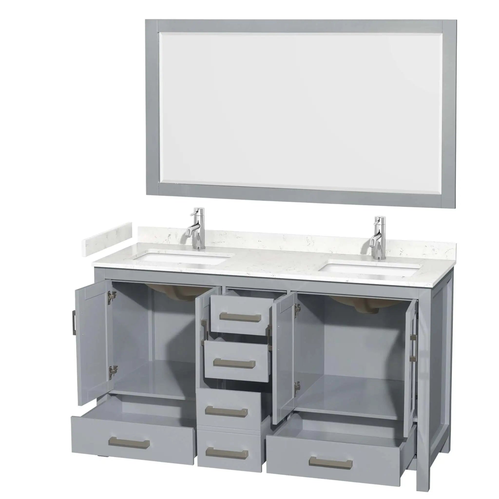 60" Sheffield Double Bathroom Vanity in Gray with Brushed Chrome Trim & 58" Mirror by Wyndham