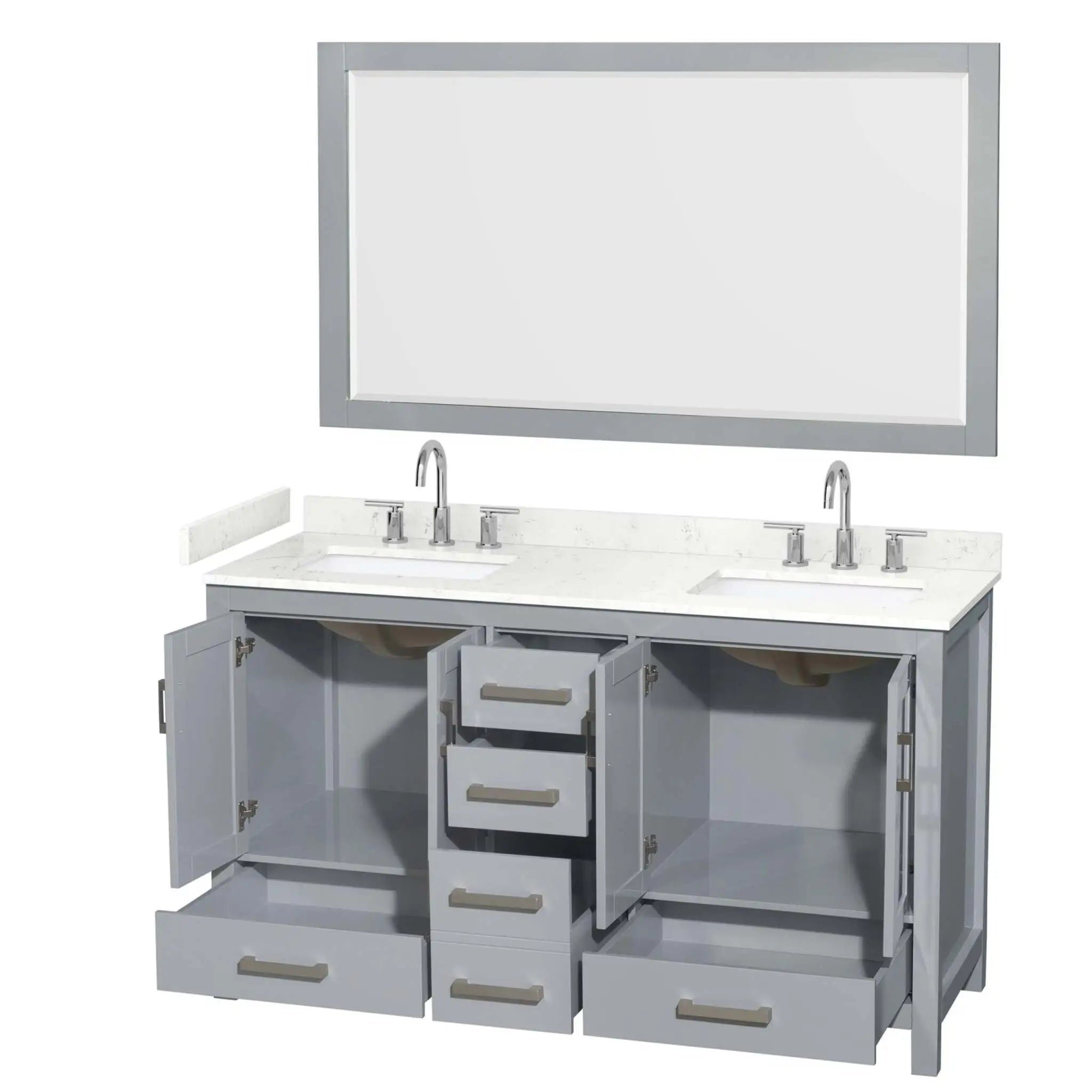 60" Sheffield Double Bathroom Vanity in Gray with Brushed Chrome Trim & 58" Mirror by Wyndham