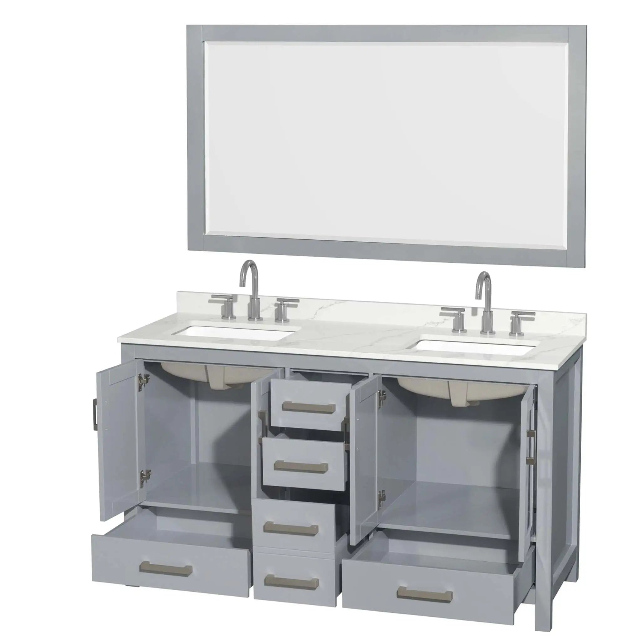 60" Sheffield Double Bathroom Vanity in Gray with Brushed Chrome Trim & 58" Mirror by Wyndham