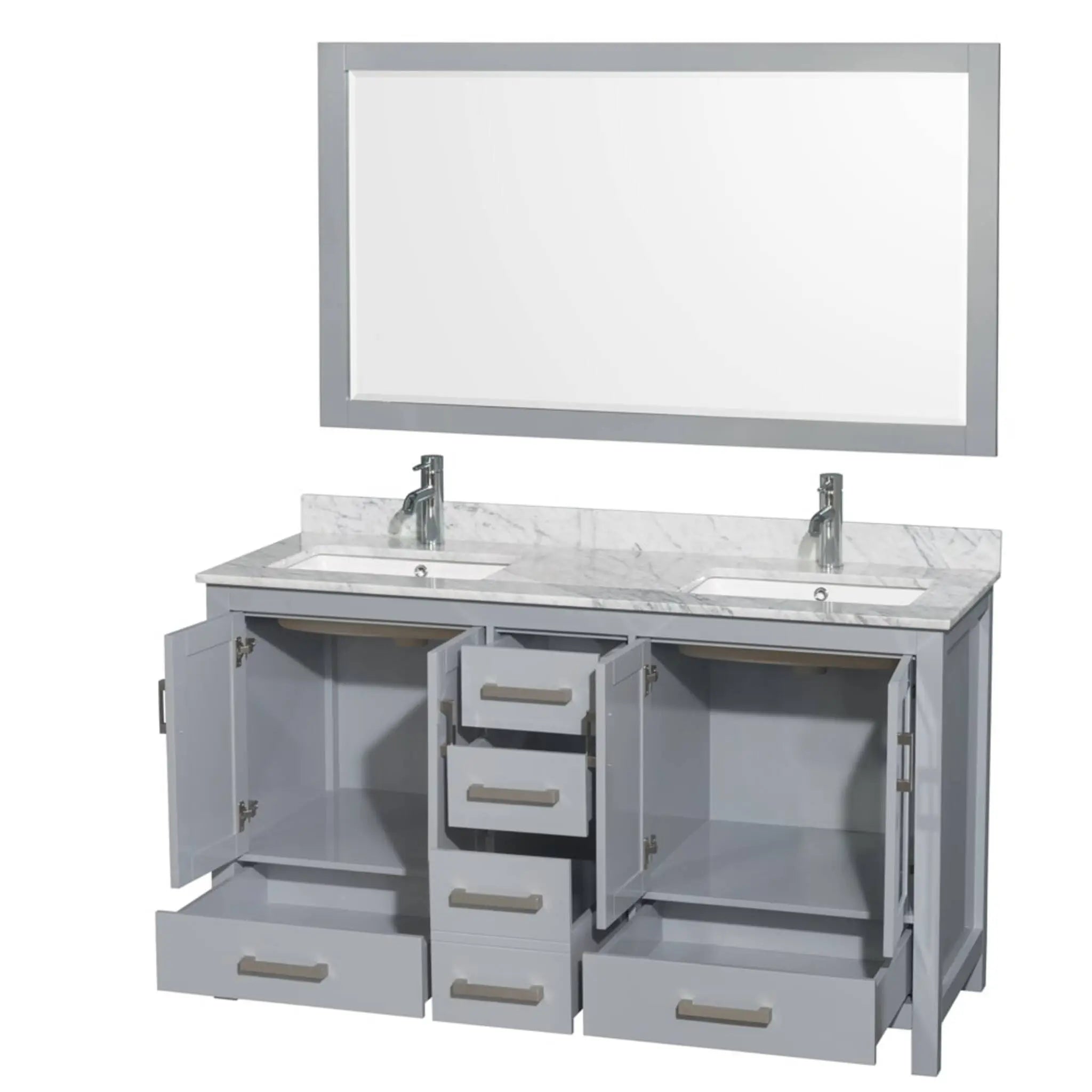 60" Sheffield Double Bathroom Vanity in Gray with Brushed Chrome Trim & 58" Mirror by Wyndham