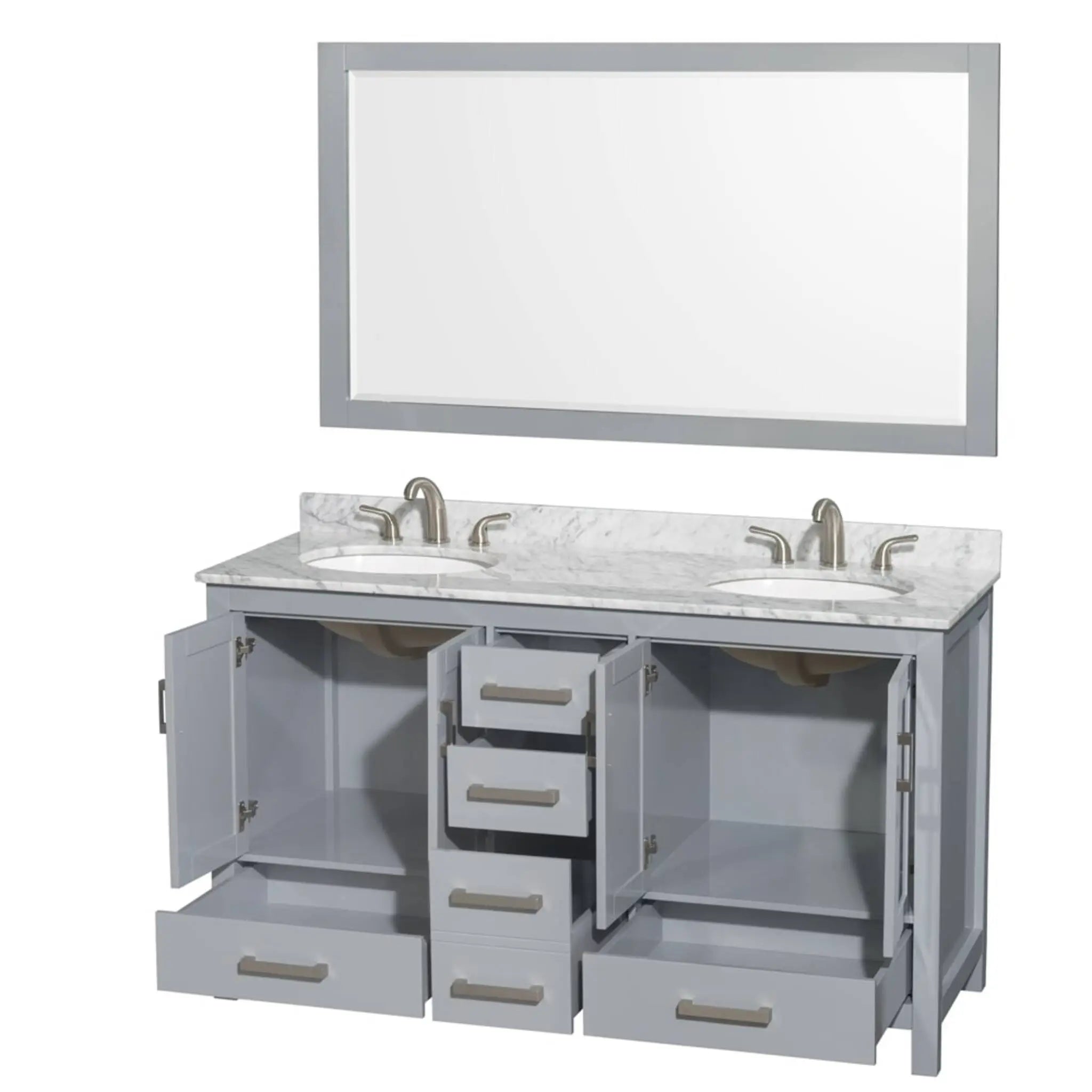 60" Sheffield Double Bathroom Vanity in Gray with Brushed Chrome Trim & 58" Mirror by Wyndham