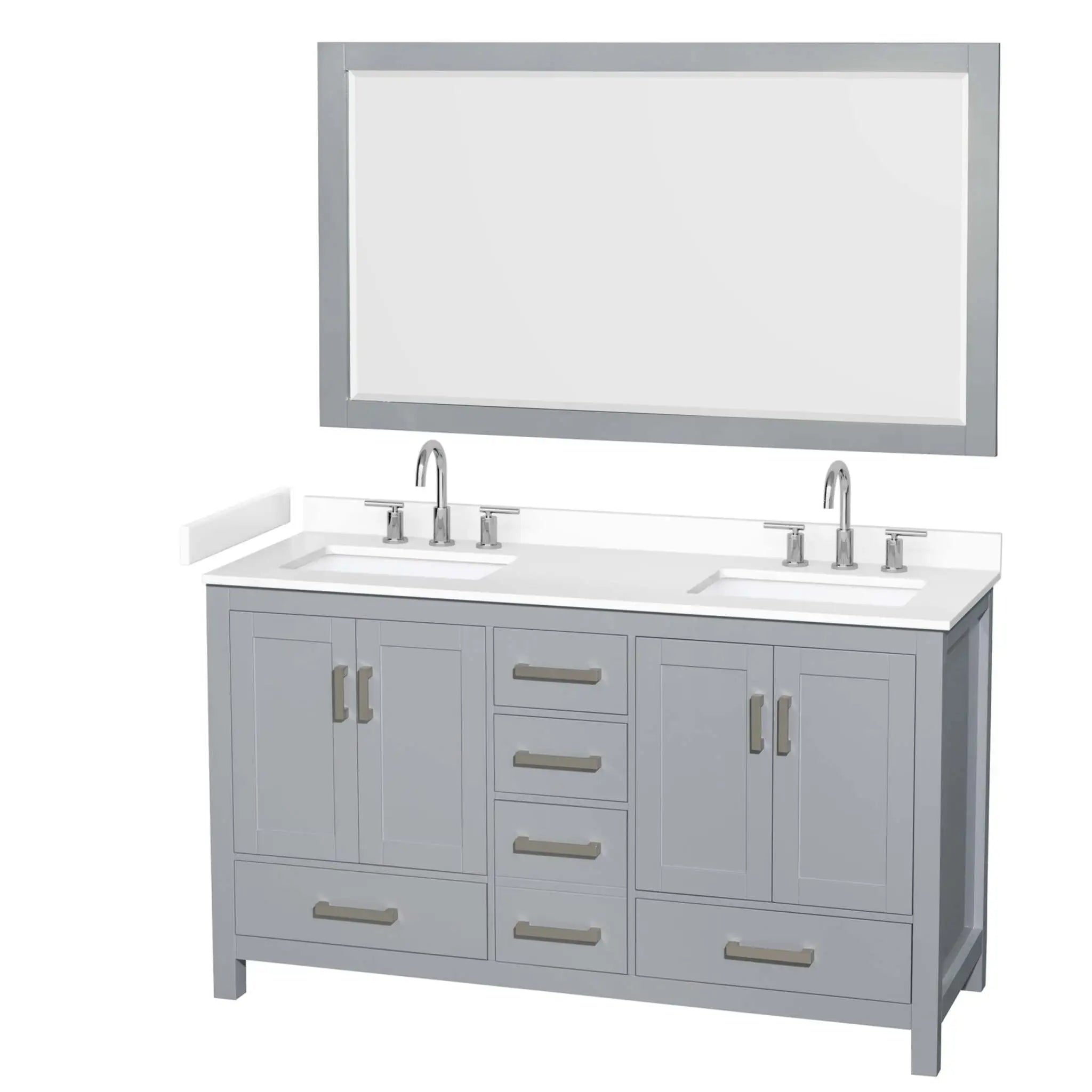 60" Sheffield Double Bathroom Vanity in Gray with Brushed Chrome Trim & 58" Mirror by Wyndham