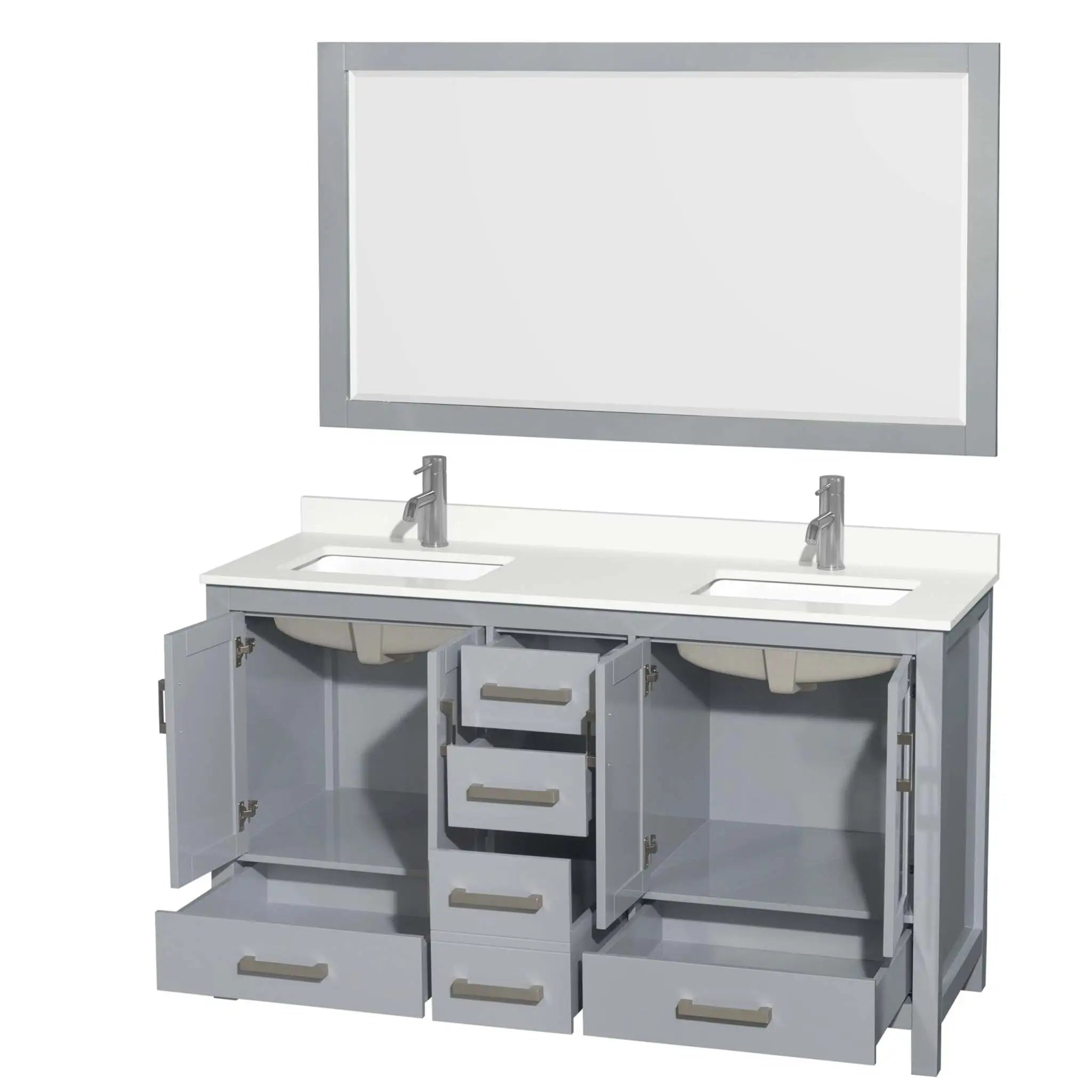 60" Sheffield Double Bathroom Vanity in Gray with Brushed Chrome Trim & 58" Mirror by Wyndham