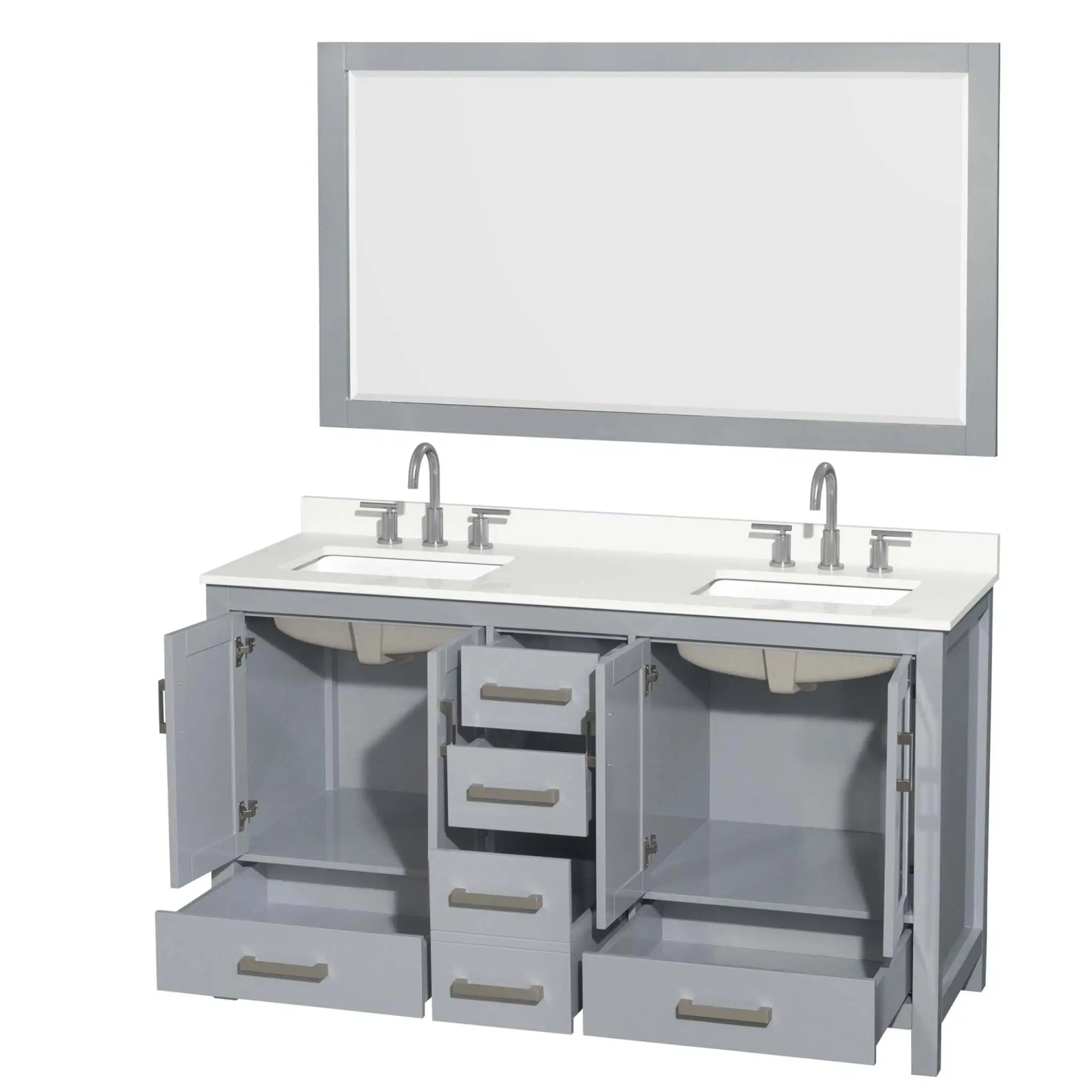 60" Sheffield Double Bathroom Vanity in Gray with Brushed Chrome Trim & 58" Mirror by Wyndham