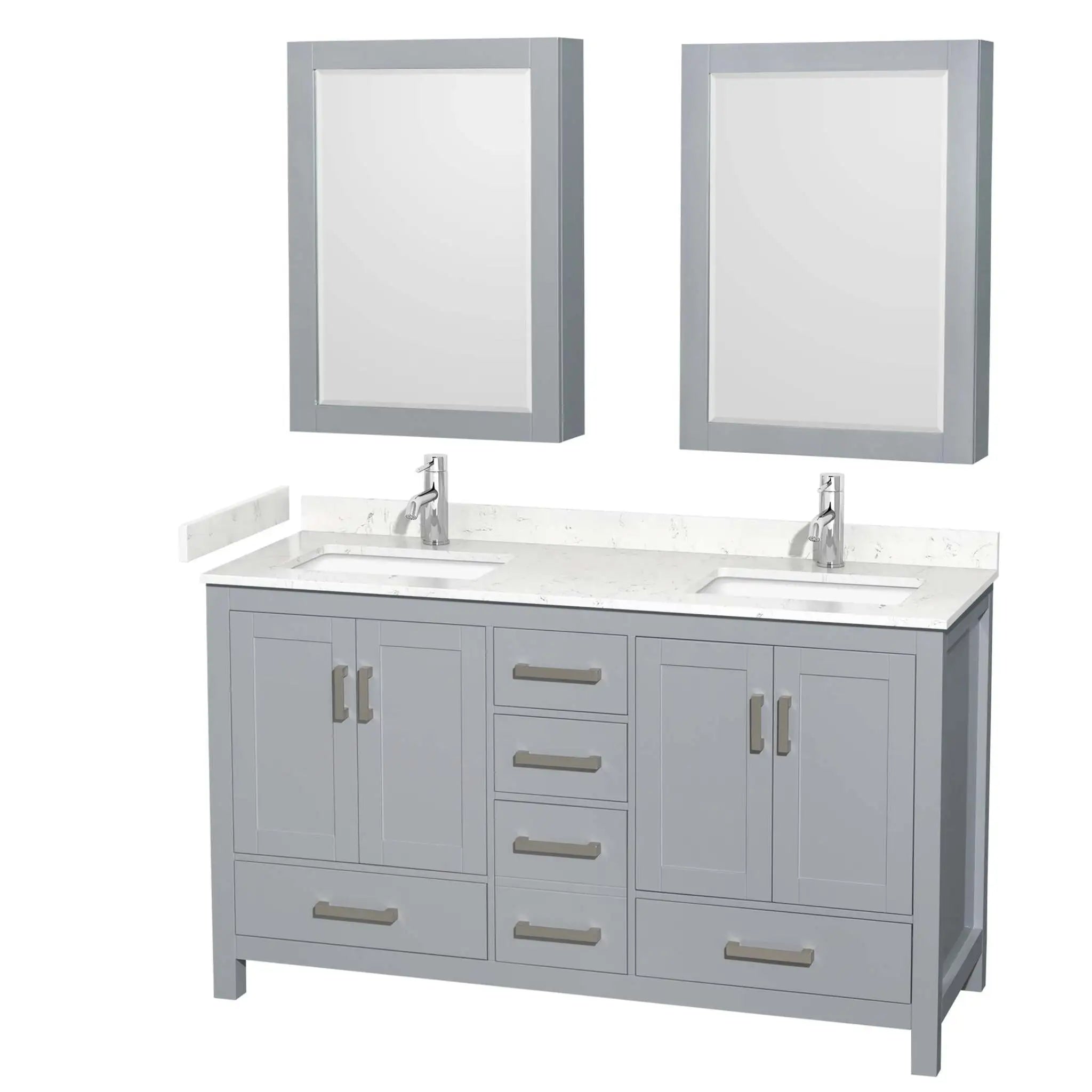 60" Sheffield Double Bathroom Vanity in Gray with Brushed Chrome Trim & Medicine Cabinet by Wyndham
