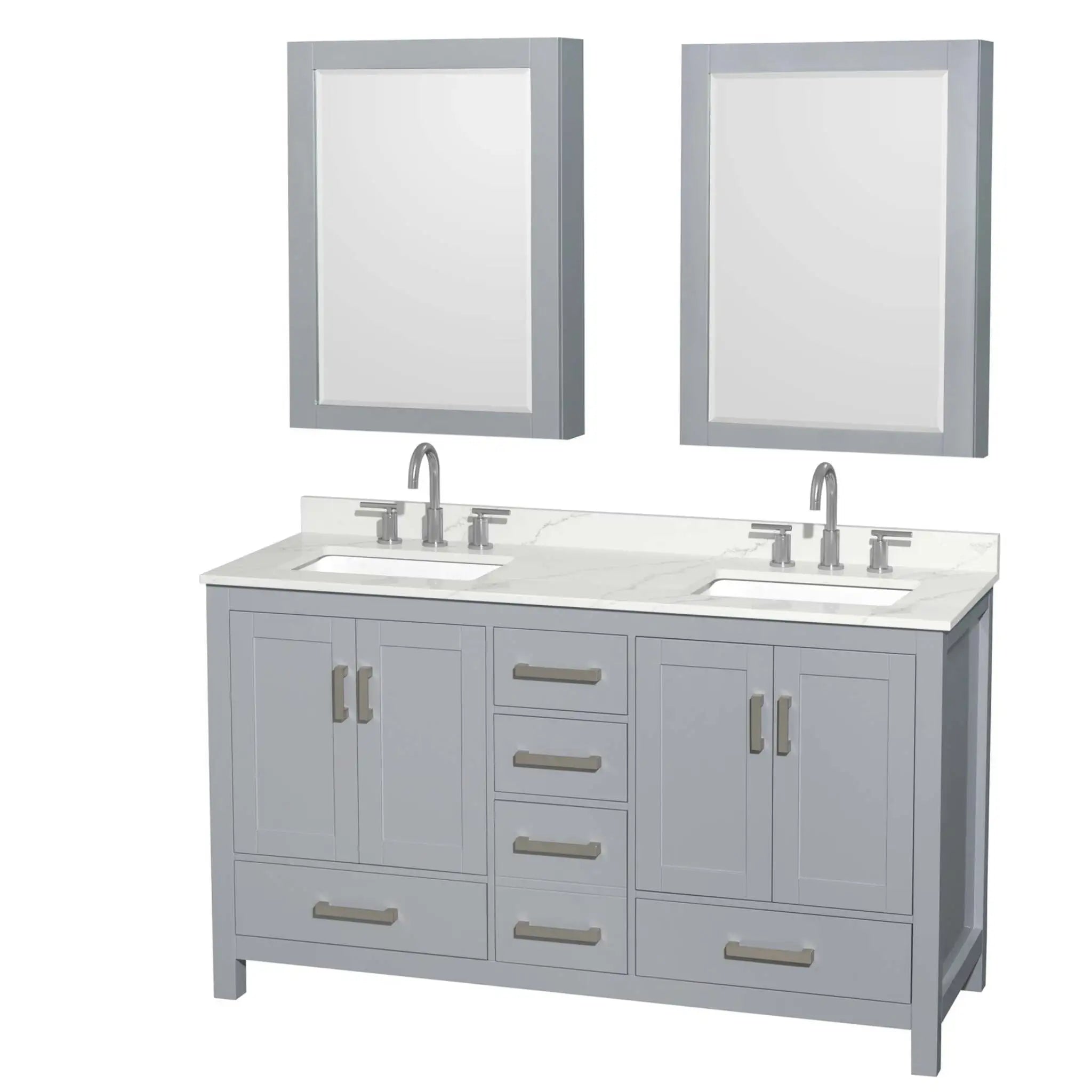 60" Sheffield Double Bathroom Vanity in Gray with Brushed Chrome Trim & Medicine Cabinet by Wyndham