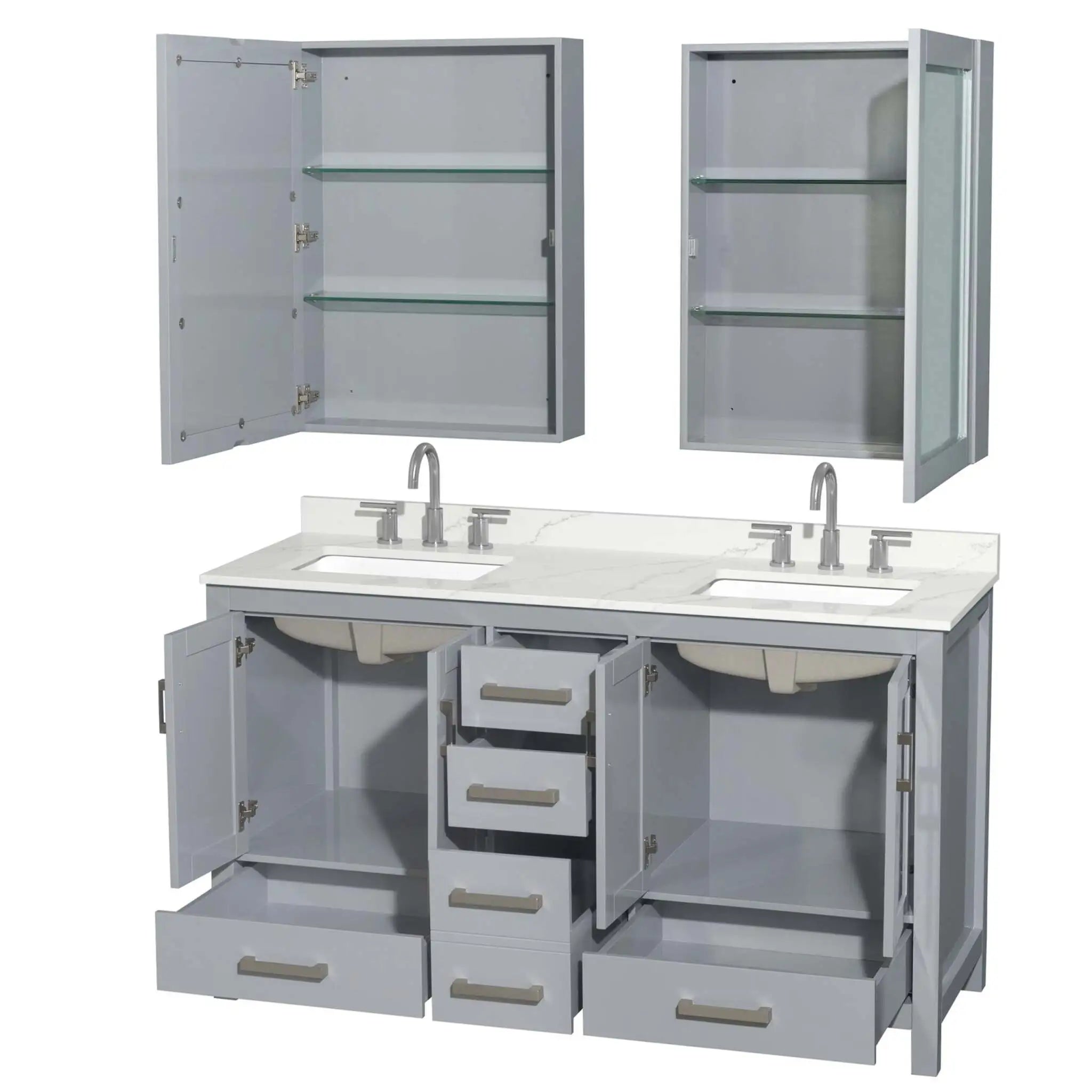 60" Sheffield Double Bathroom Vanity in Gray with Brushed Chrome Trim & Medicine Cabinet by Wyndham
