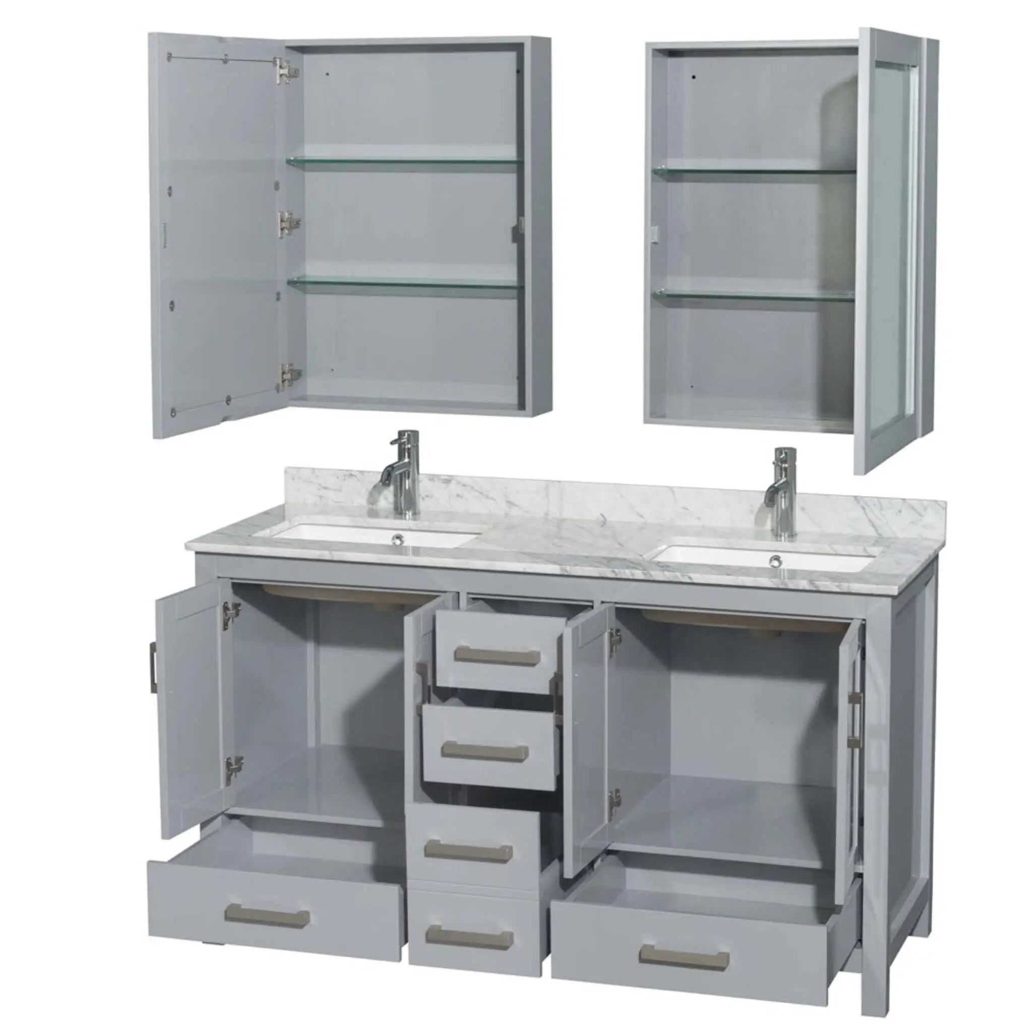 60" Sheffield Double Bathroom Vanity in Gray with Brushed Chrome Trim & Medicine Cabinet by Wyndham