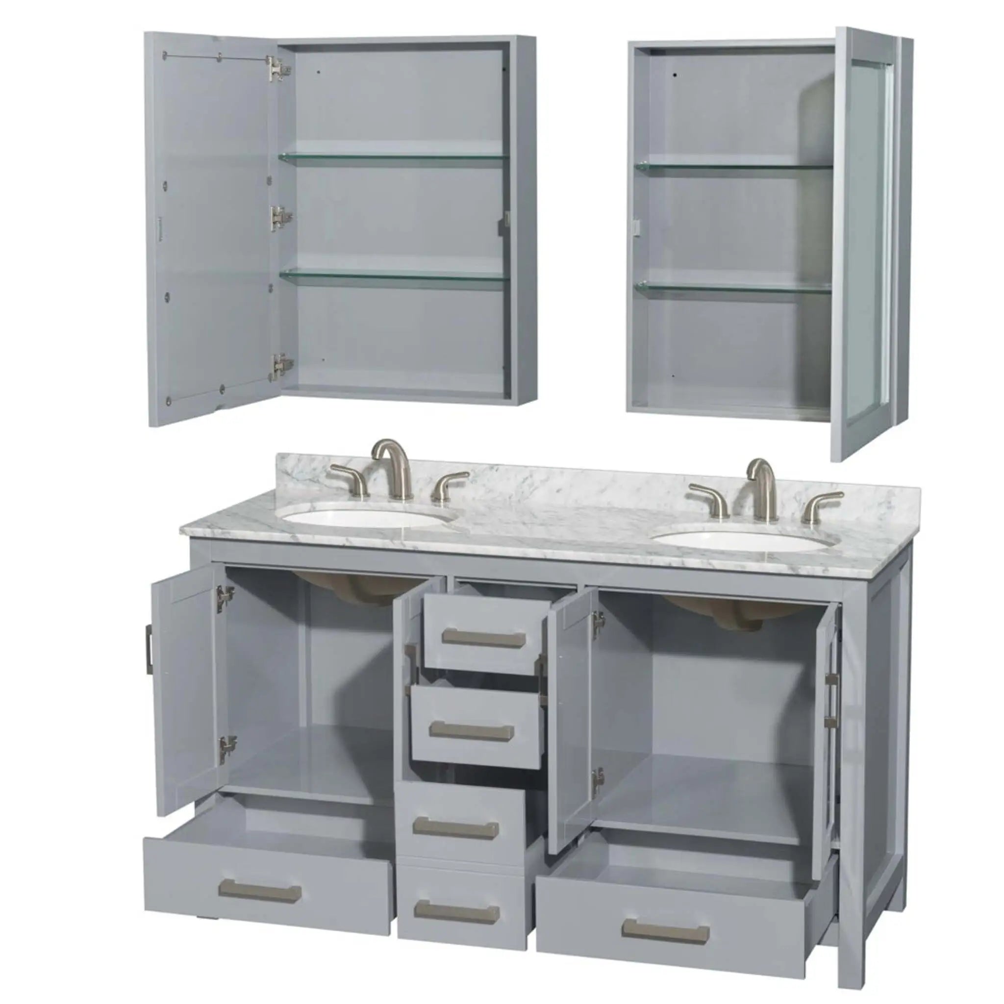 60" Sheffield Double Bathroom Vanity in Gray with Brushed Chrome Trim & Medicine Cabinet by Wyndham