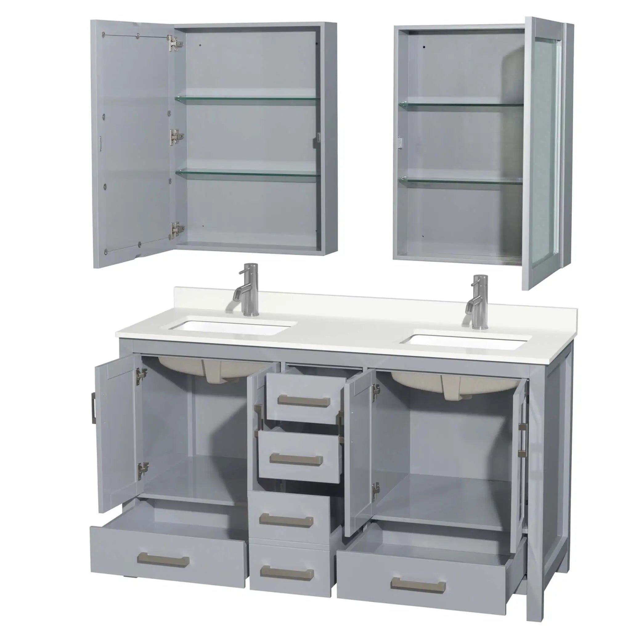 60" Sheffield Double Bathroom Vanity in Gray with Brushed Chrome Trim & Medicine Cabinet by Wyndham