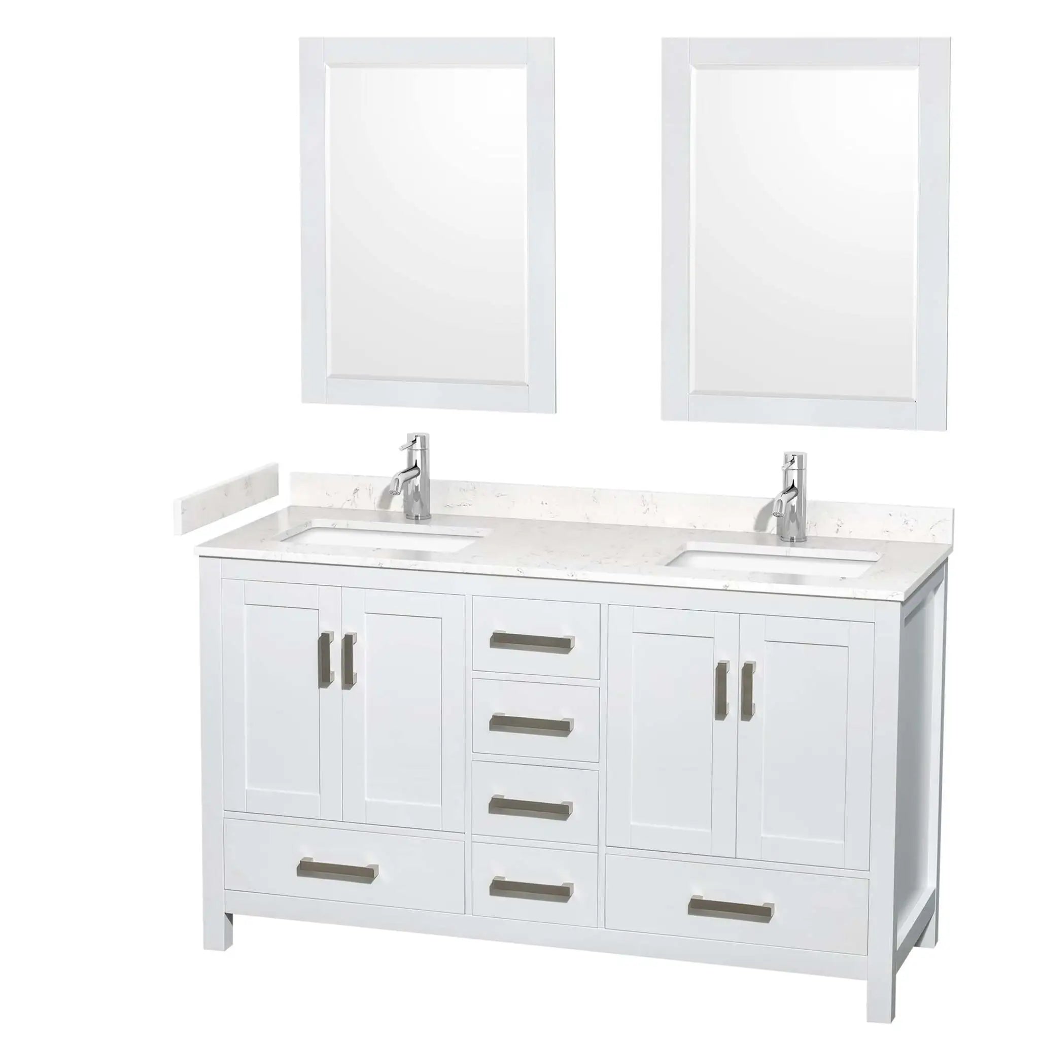 60" Sheffield Double Bathroom Vanity in White with Brushed Chrome Trim & 24" Mirror by Wyndham