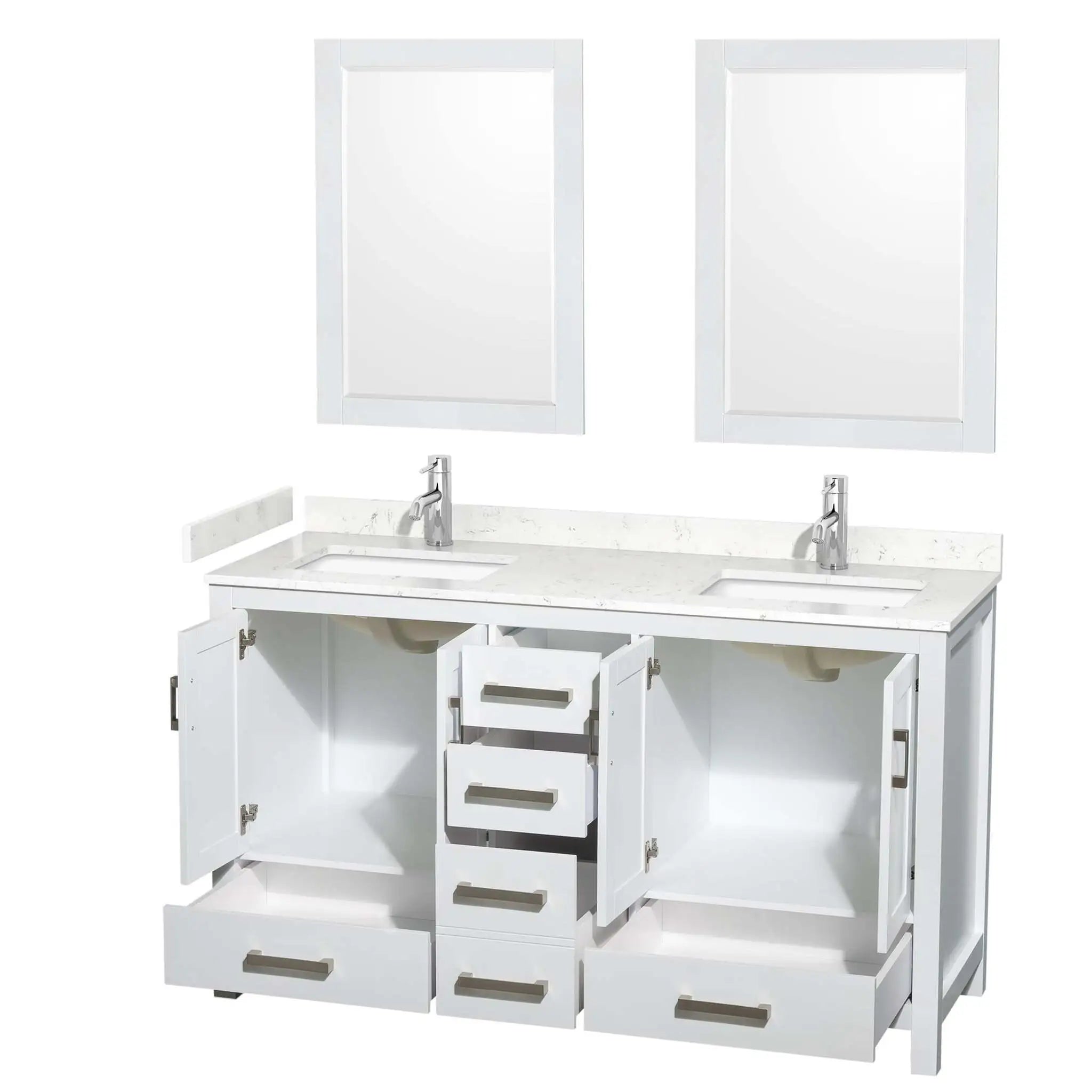 60" Sheffield Double Bathroom Vanity in White with Brushed Chrome Trim & 24" Mirror by Wyndham