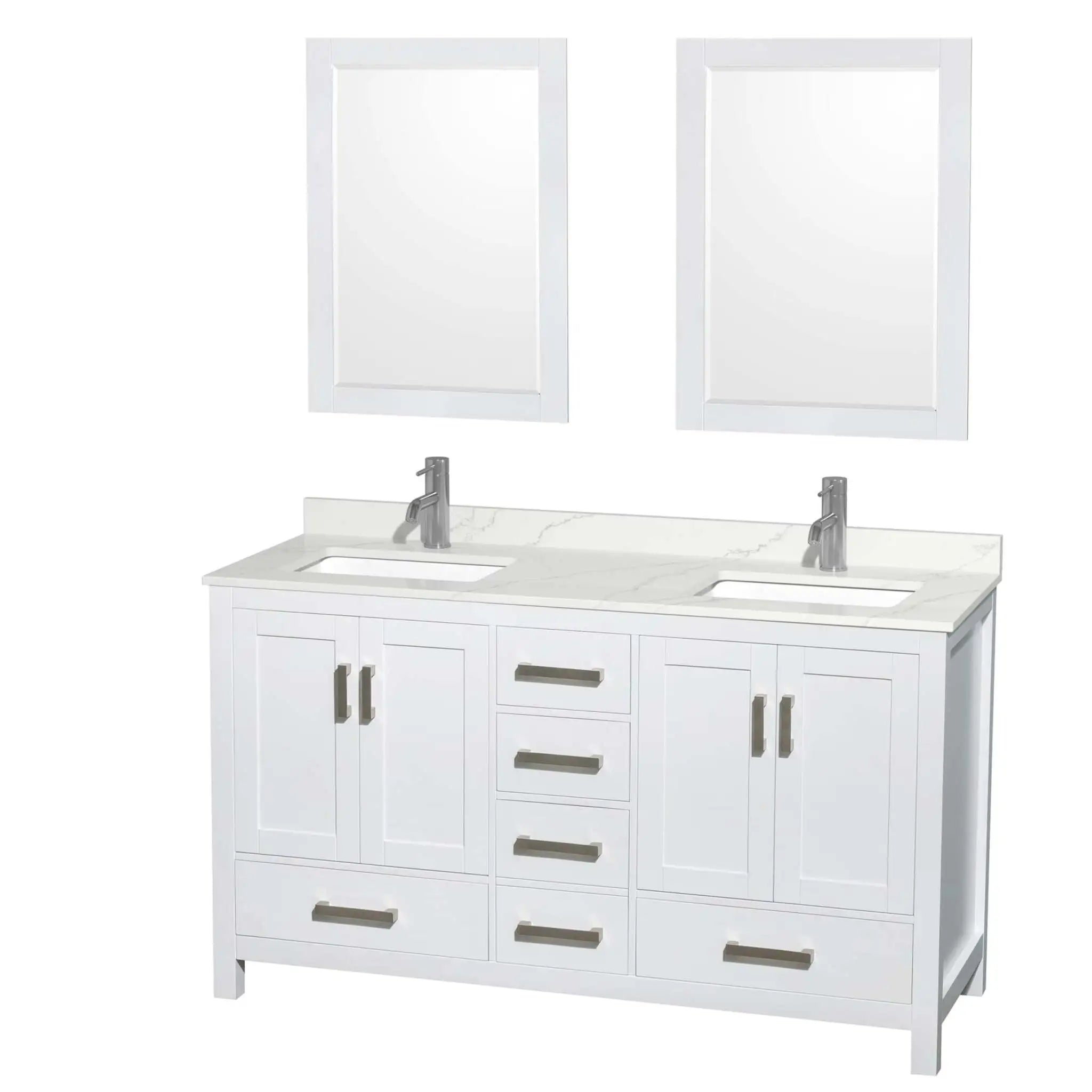 60" Sheffield Double Bathroom Vanity in White with Brushed Chrome Trim & 24" Mirror by Wyndham
